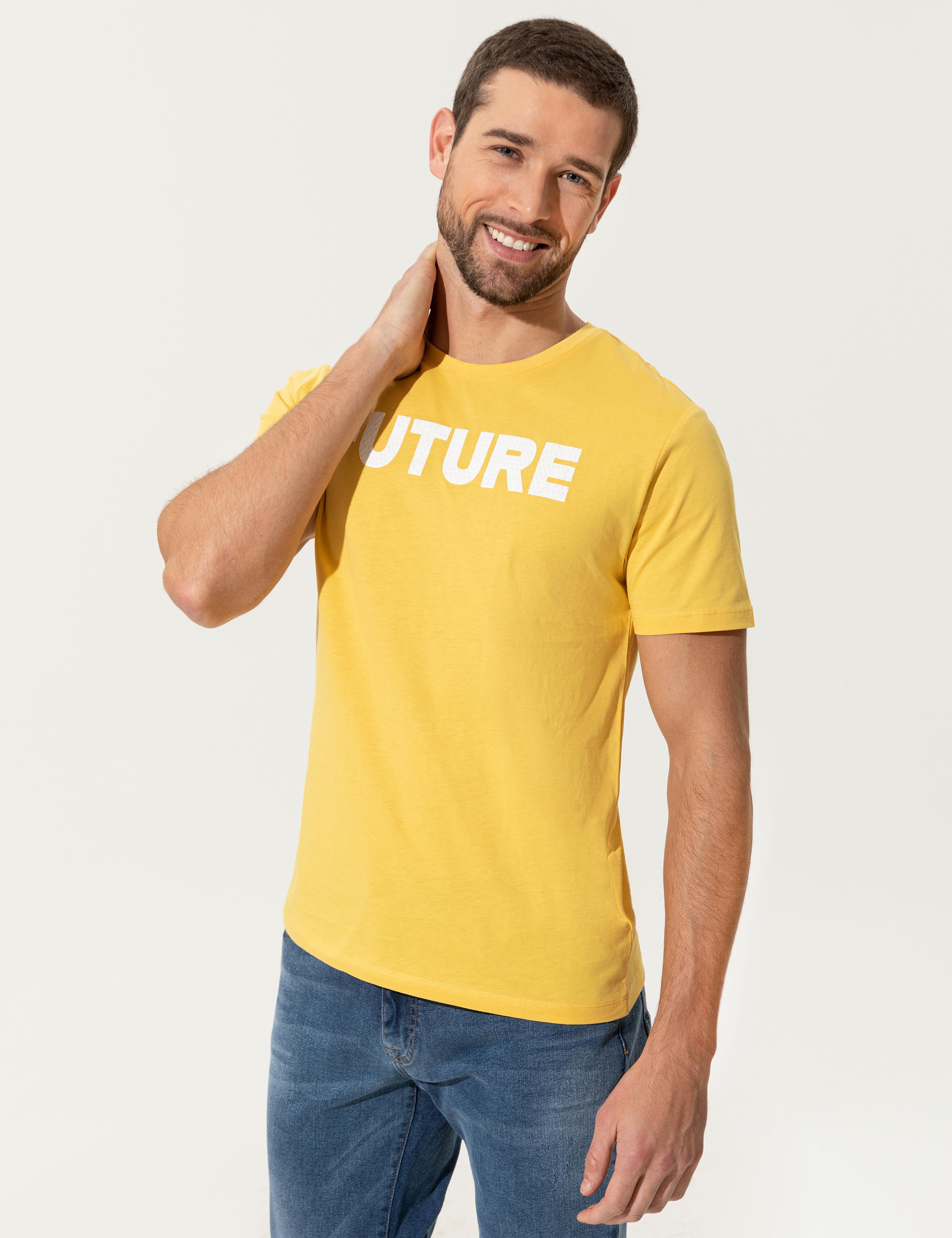 Sarı Slim Fit Baskılı Bisiklet Yaka Tişört