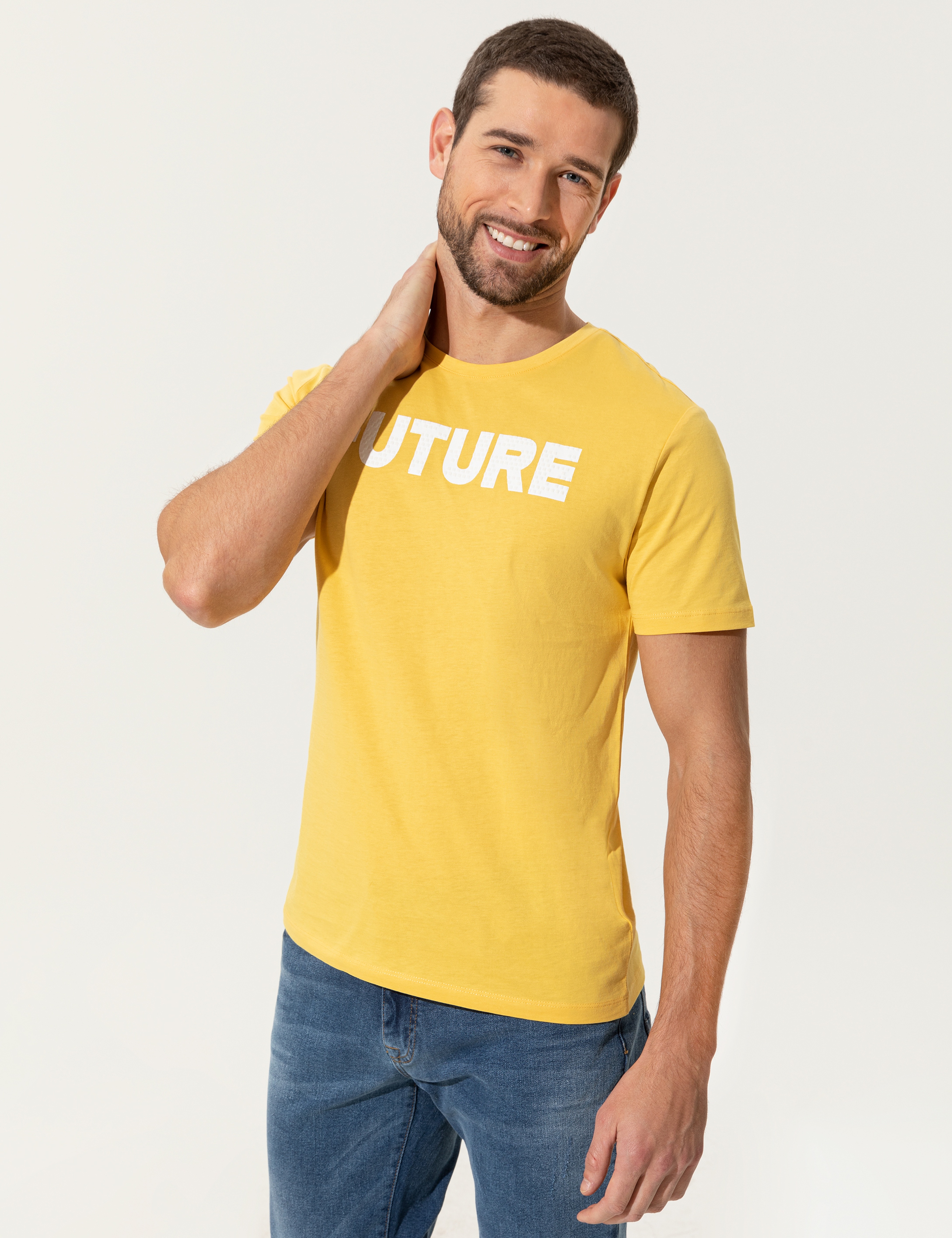 Sarı Slim Fit Baskılı Bisiklet Yaka Tişört - Image 3