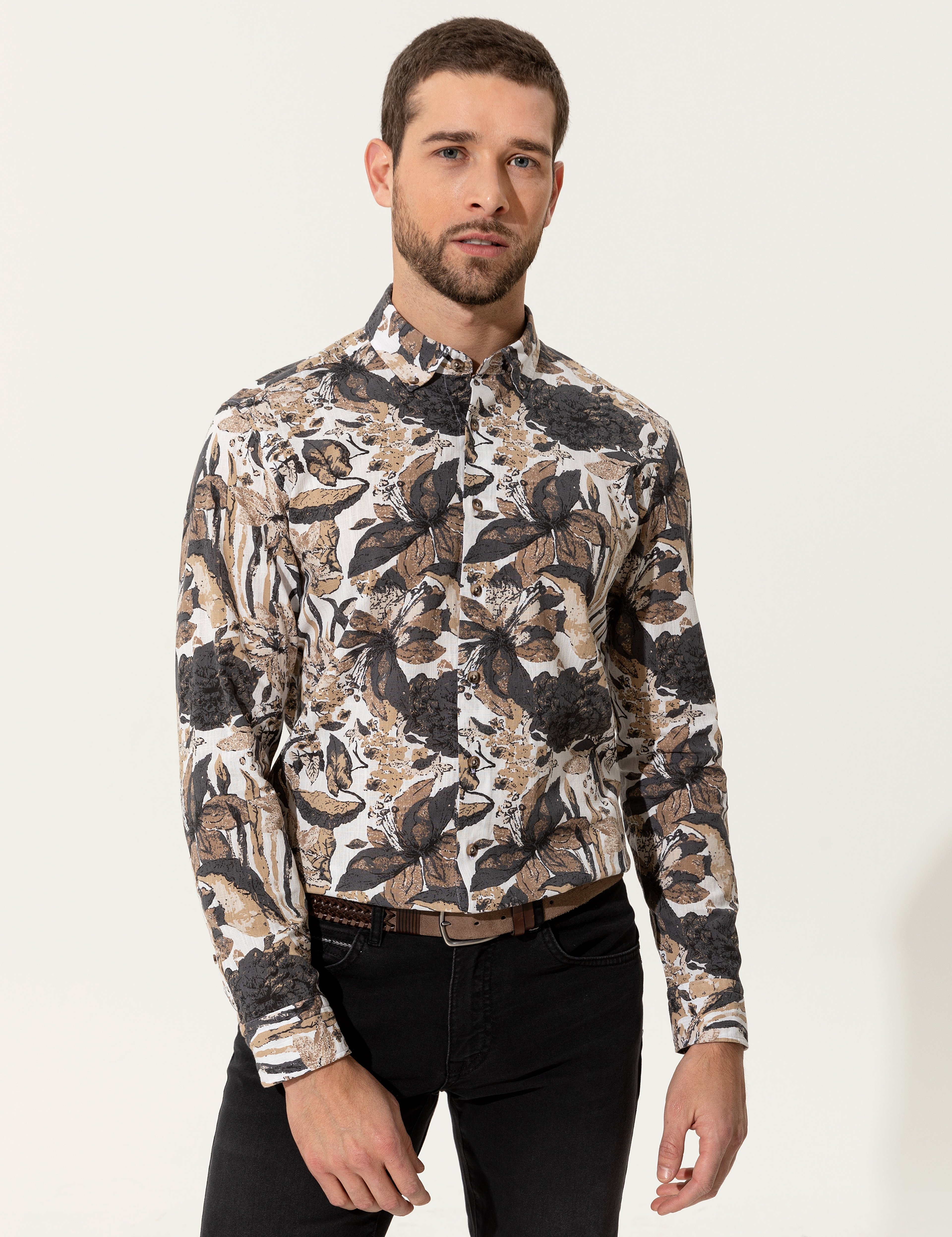 Bej Regular Fit Uzun Kollu Gömlek - Image 1