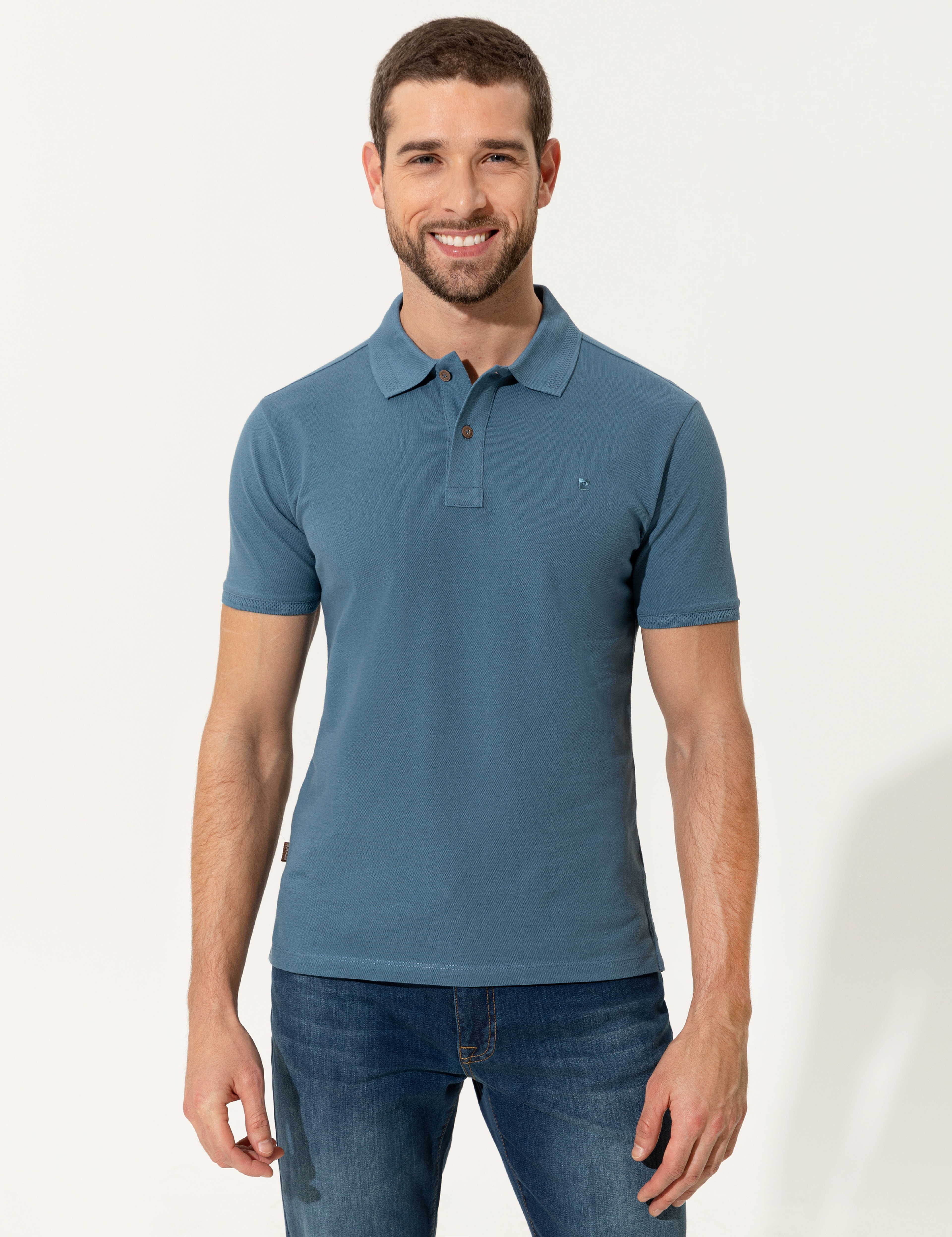 Koyu Mint Slim Fit Polo Yaka Basic  Tişört - Image 1