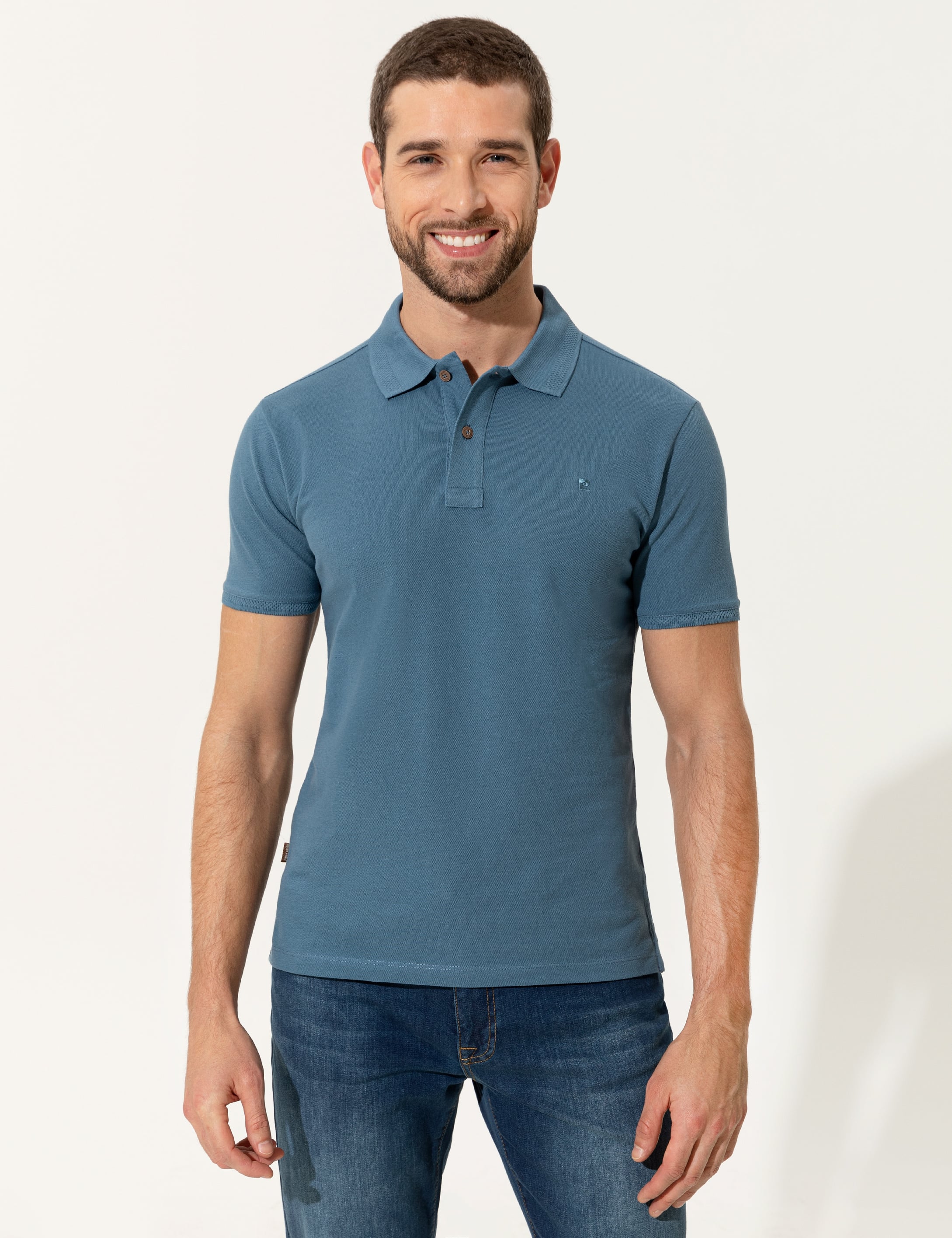 Koyu Mint Slim Fit %100 Pamuk Düğmeli Polo Yaka Basic  Tişört