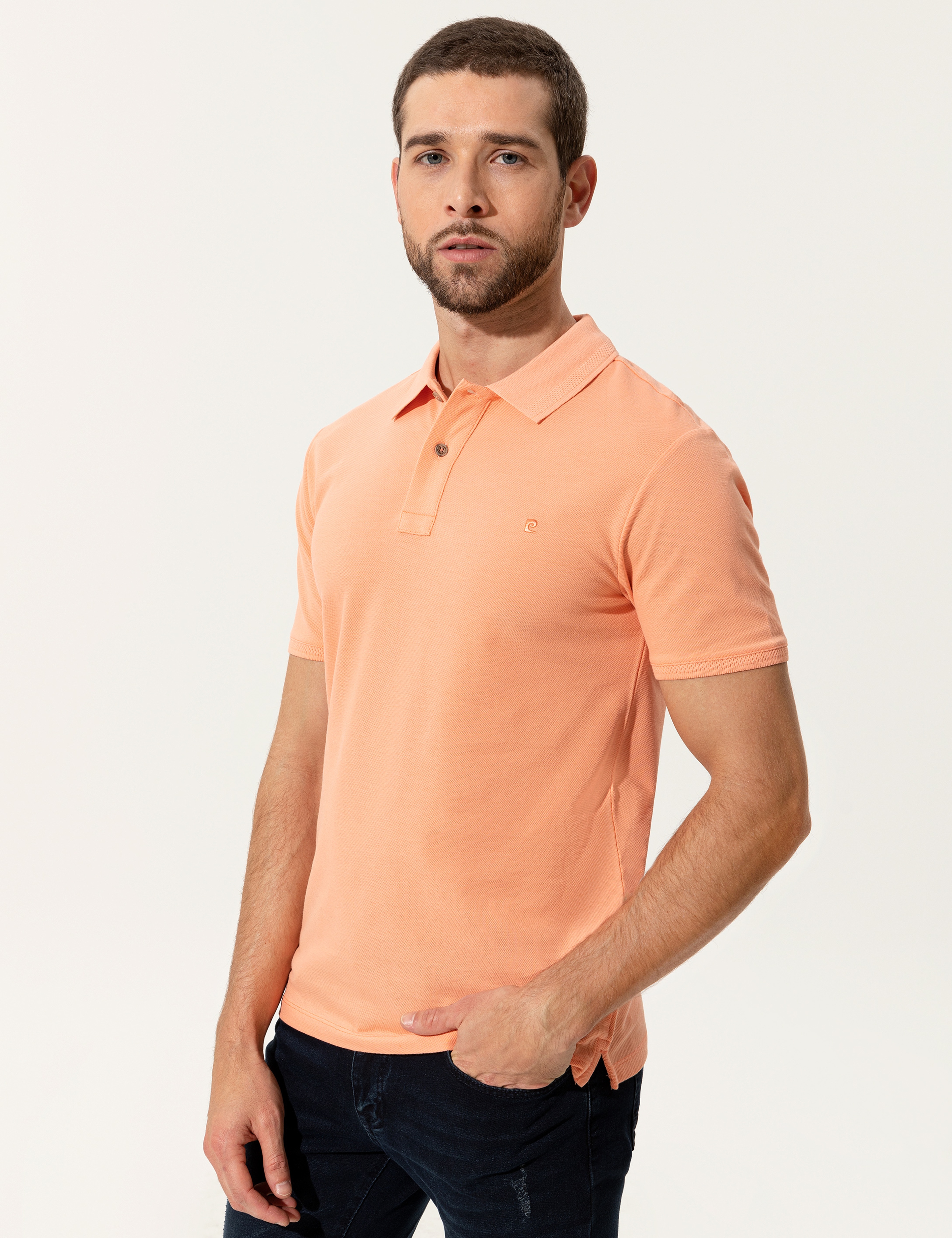 Açık Somon Slim Fit %100 Pamuk Düğmeli Polo Yaka Basic Tişört
