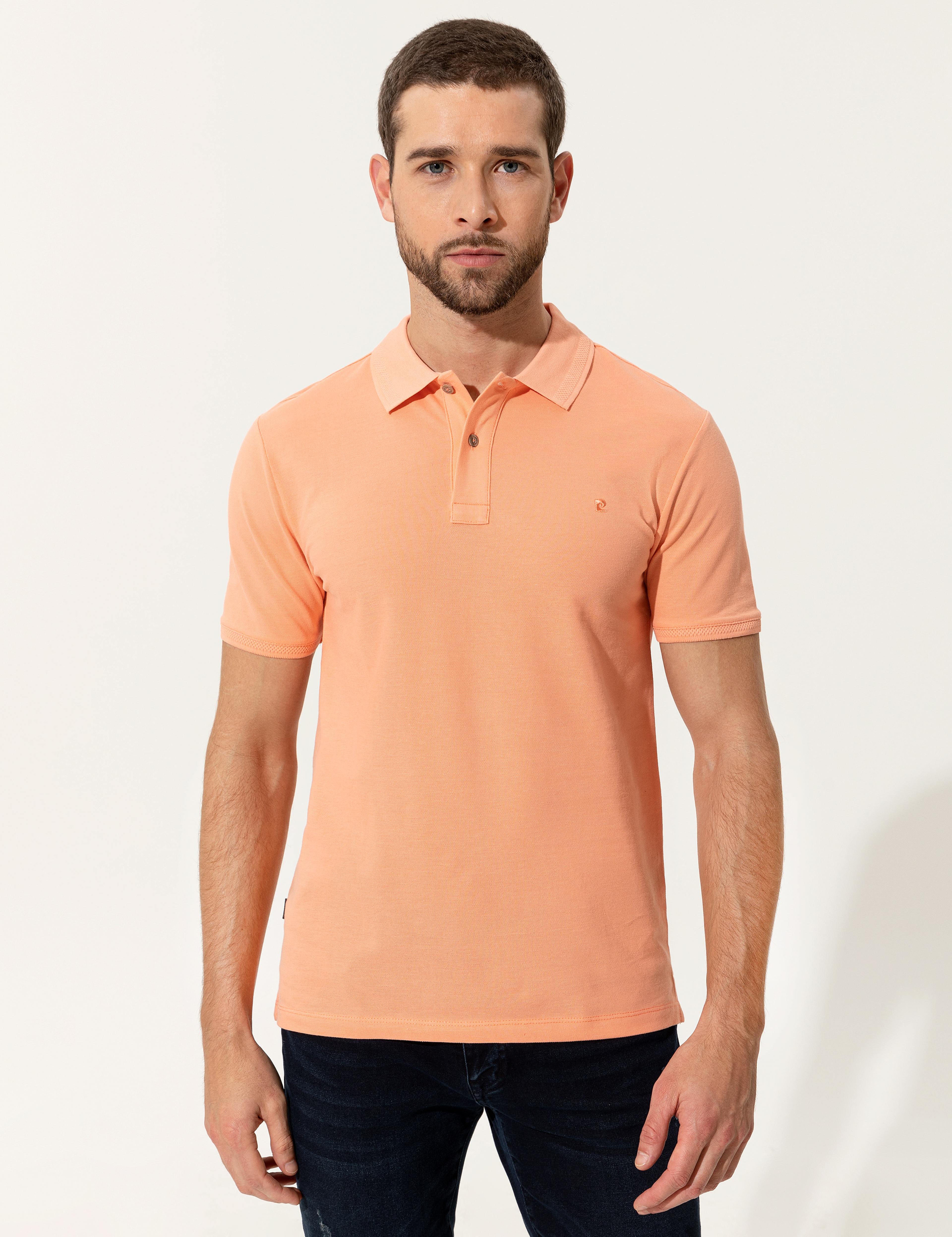 Açık Somon Slim Fit %100 Pamuk Düğmeli Polo Yaka Basic Tişört - Image 3