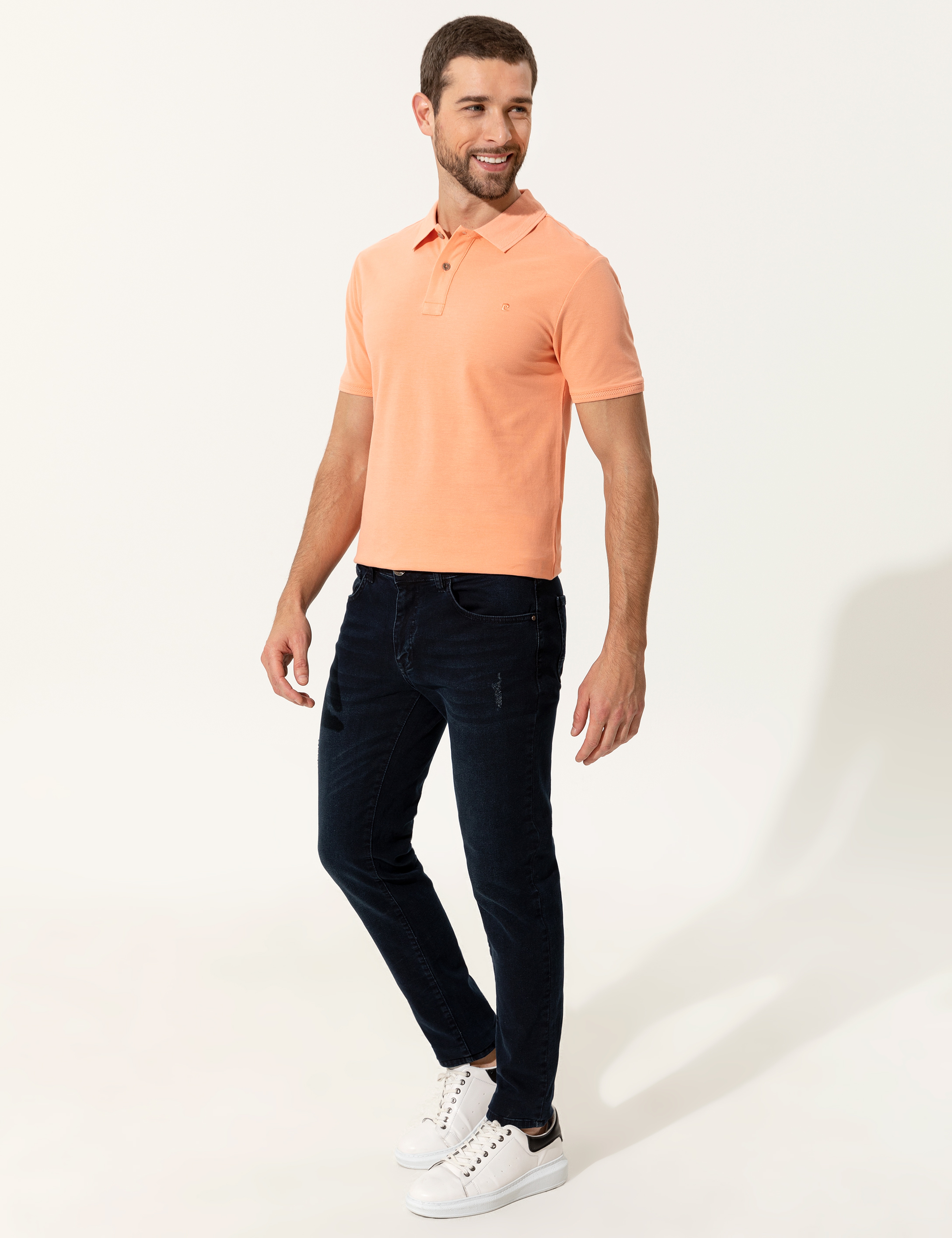 Açık Somon Slim Fit %100 Pamuk Düğmeli Polo Yaka Basic Tişört