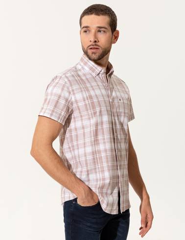 Bej Regular Fit Kısa Kollu Gömlek