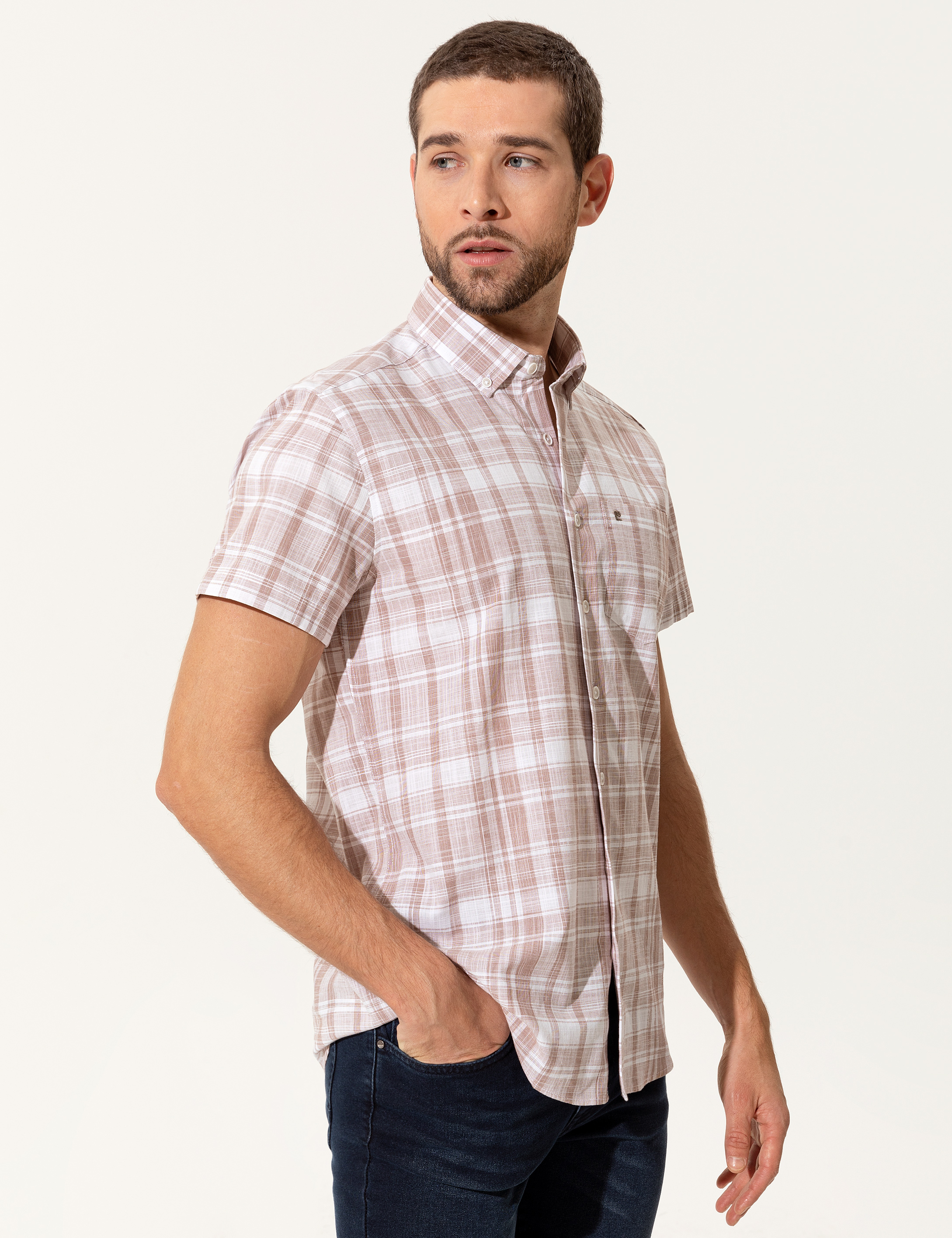 Bej Regular Fit Kısa Kollu Gömlek