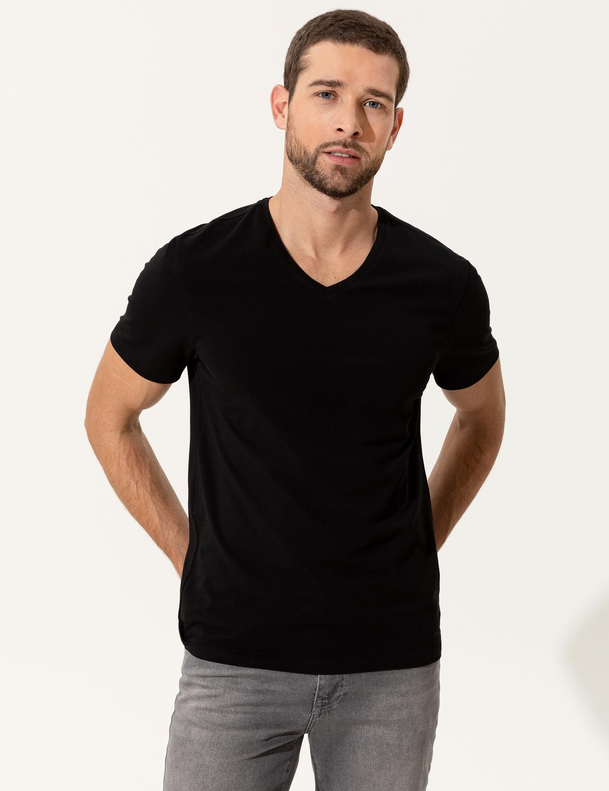 Siyah Slim Fit V - Yaka Basic Tişört