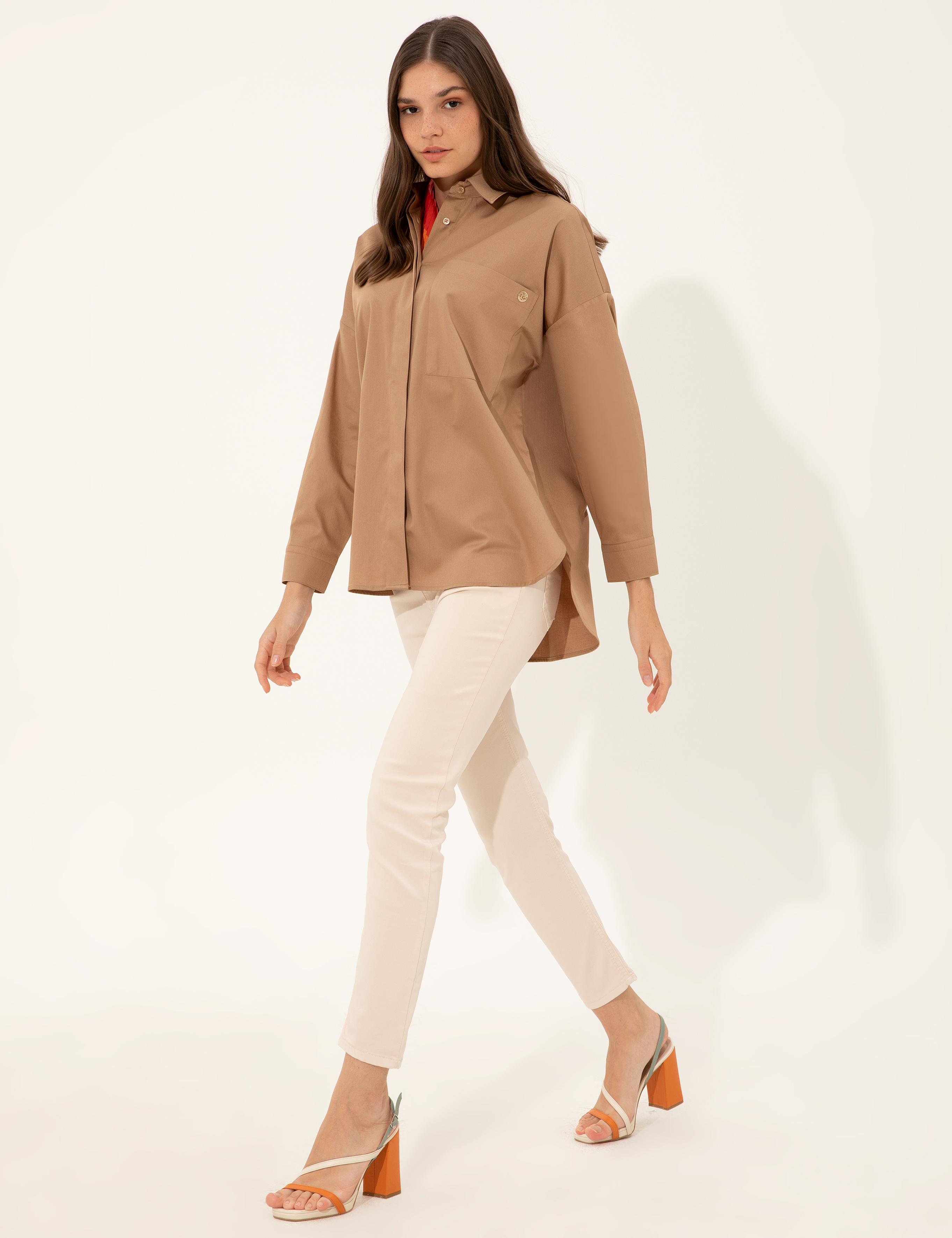 Camel Oversize Uzun Kollu Gömlek