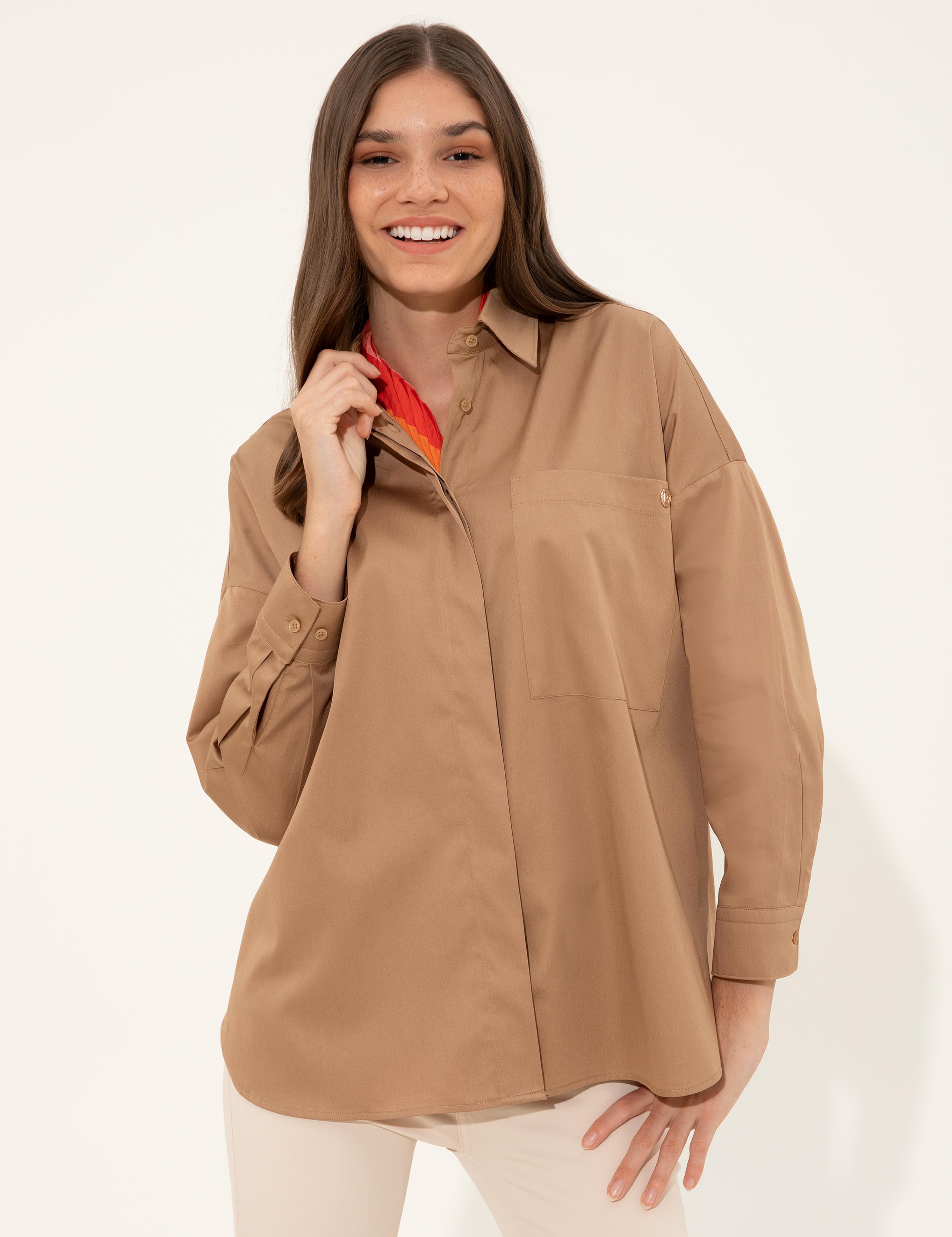 Camel Oversize Uzun Kollu Gömlek