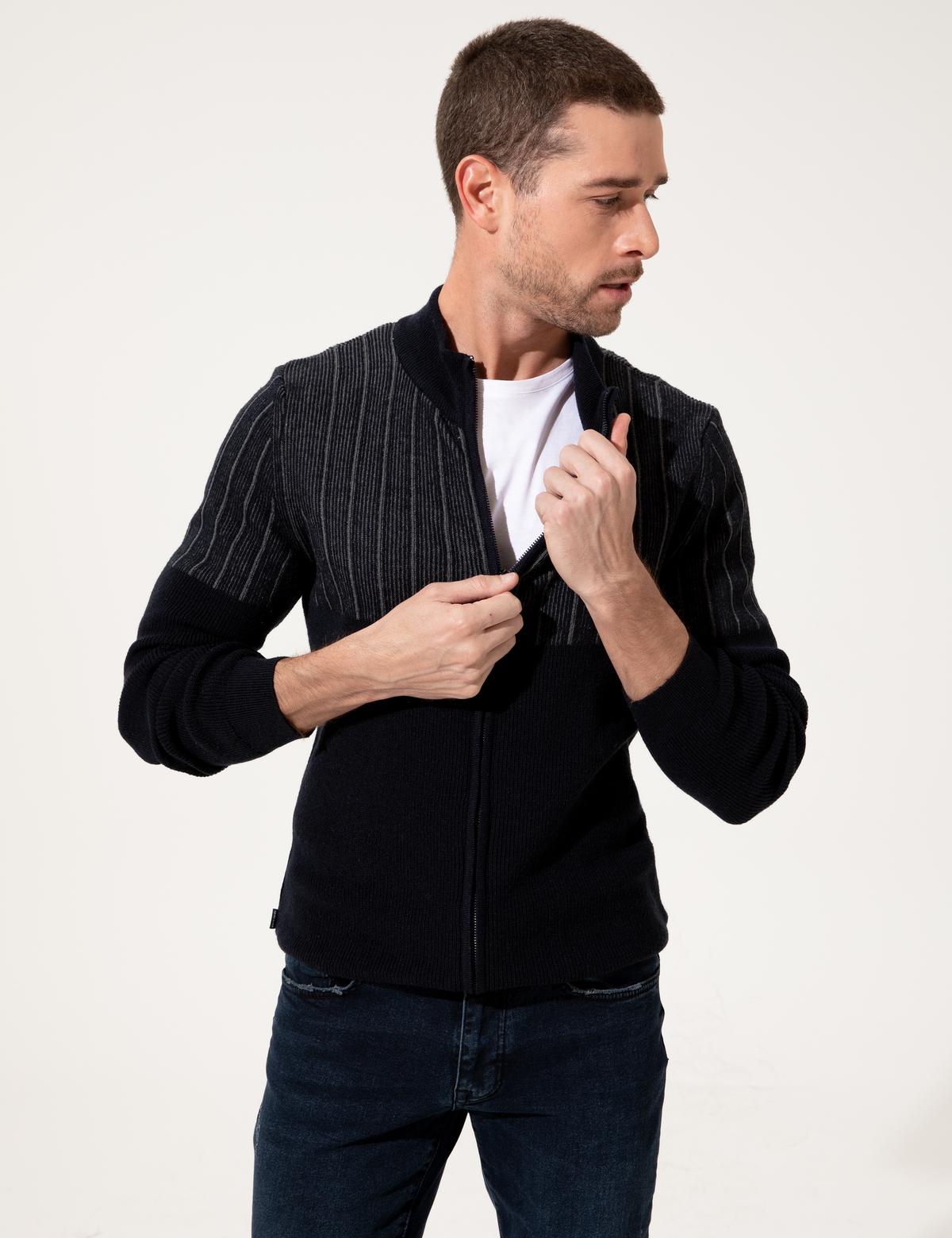 Lacivert Yün Karışımlı Fermuarlı Triko Hırka
