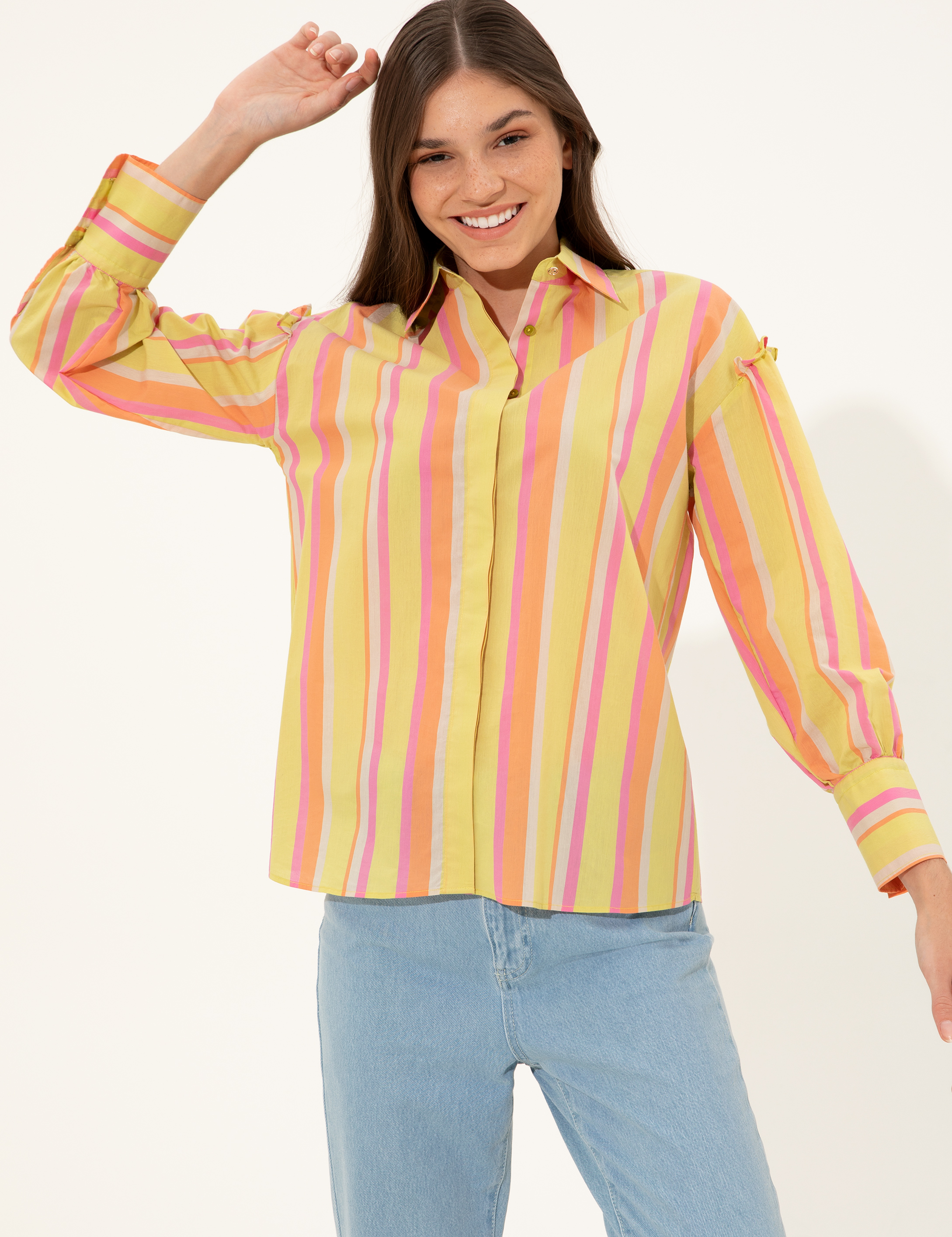 Yeşil Çizgili Comfort Fit Uzun Kollu Gömlek - Image 3