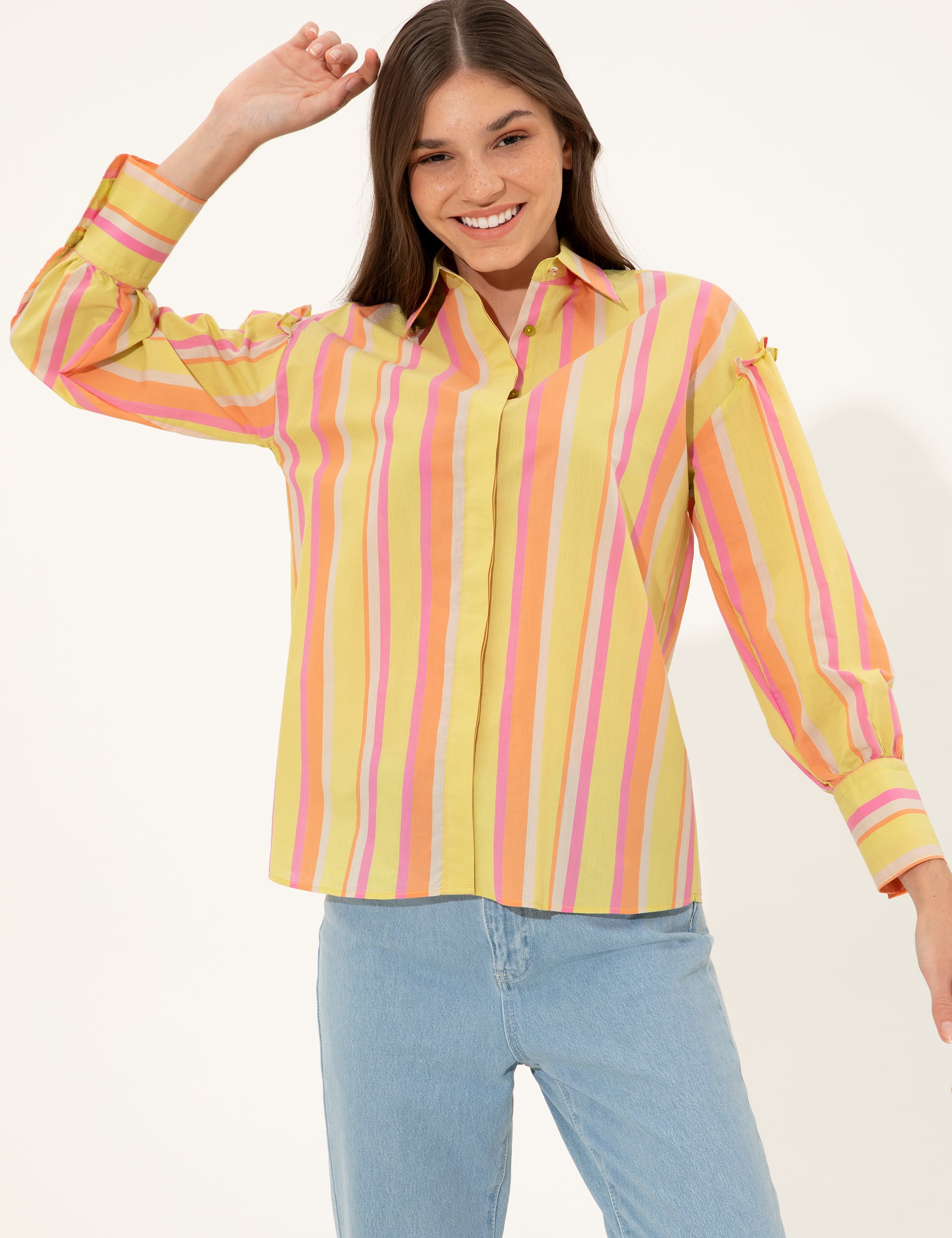 Yeşil Çizgili Comfort Fit Uzun Kollu Gömlek