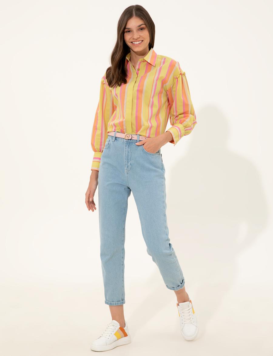 Yeşil Çizgili Comfort Fit Uzun Kollu Gömlek