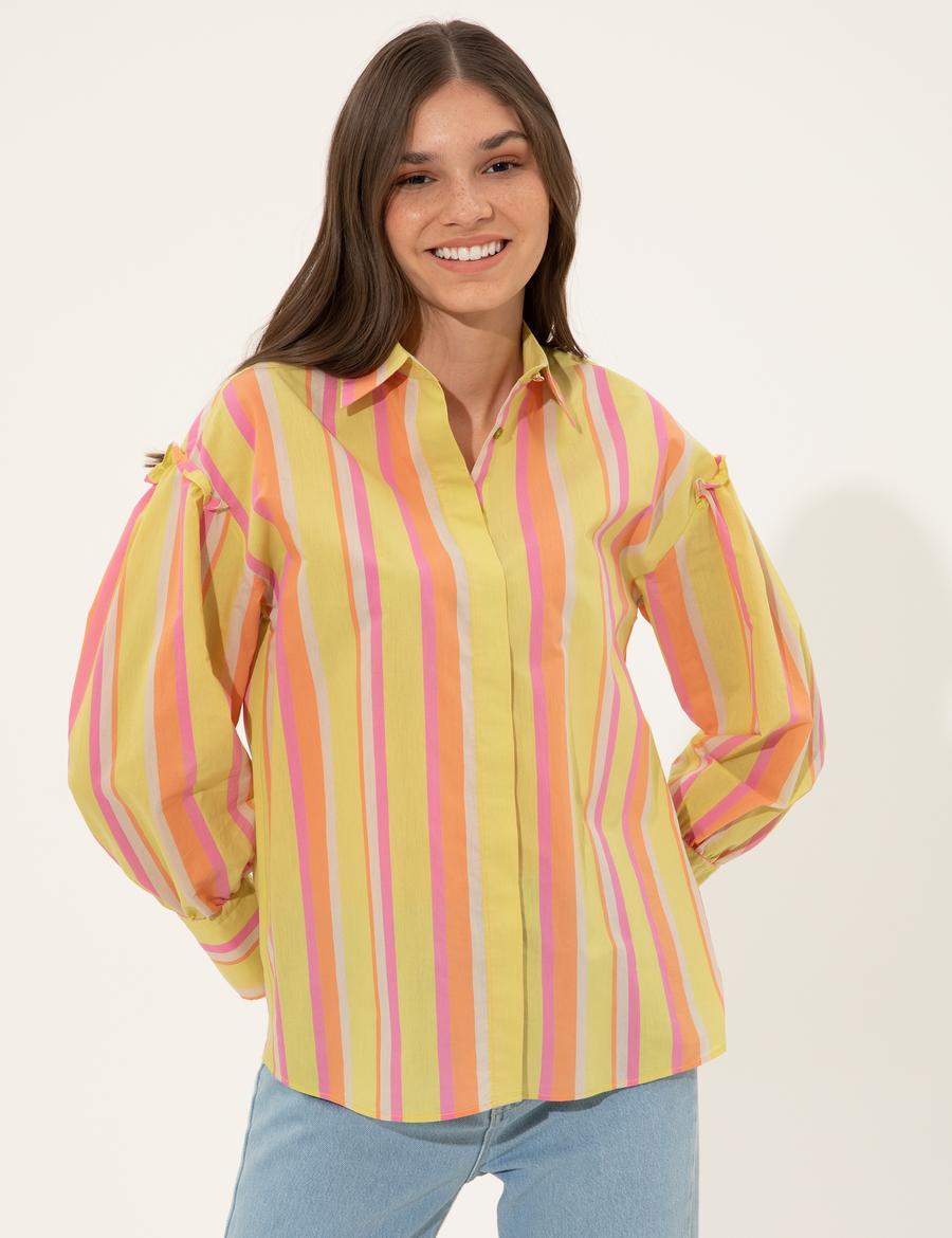 Yeşil Çizgili Comfort Fit Uzun Kollu Gömlek