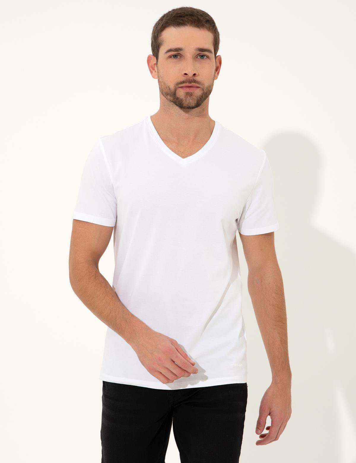 Beyaz Slim Fit V Yaka Basic Tişört