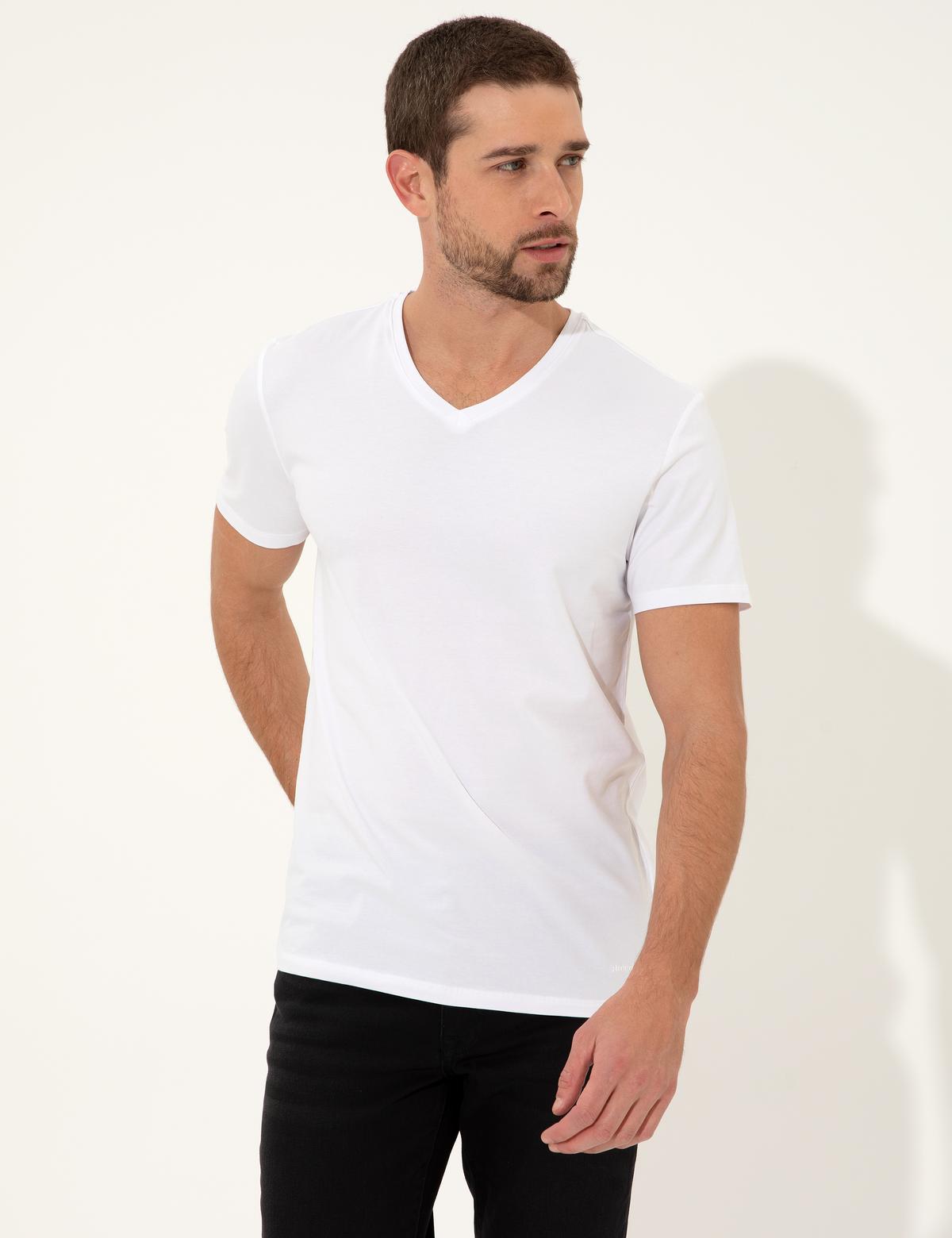 Beyaz Slim Fit V Yaka Basic Tişört - 50251677007