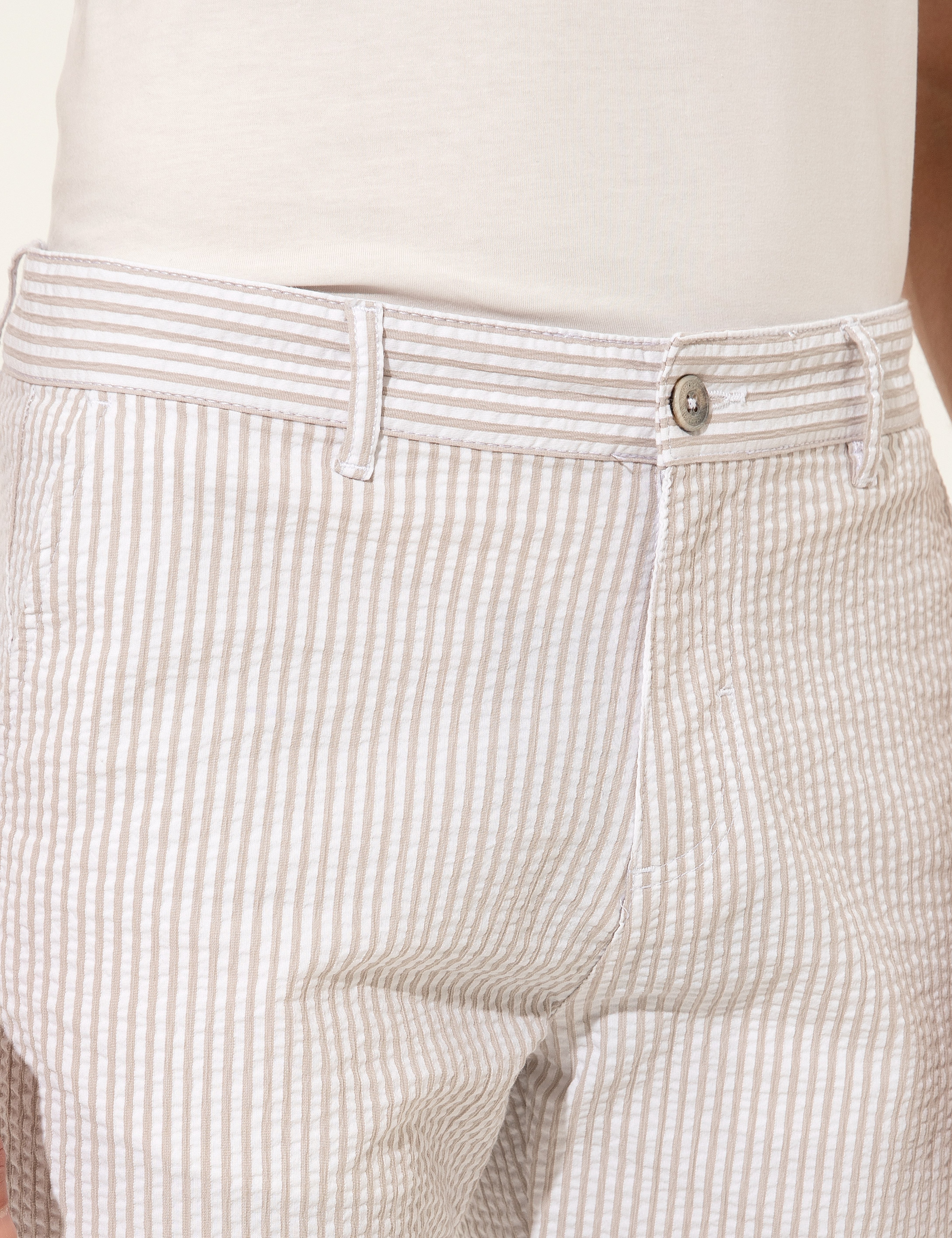 Bej Slim Fit Çizgili Bermuda Şort