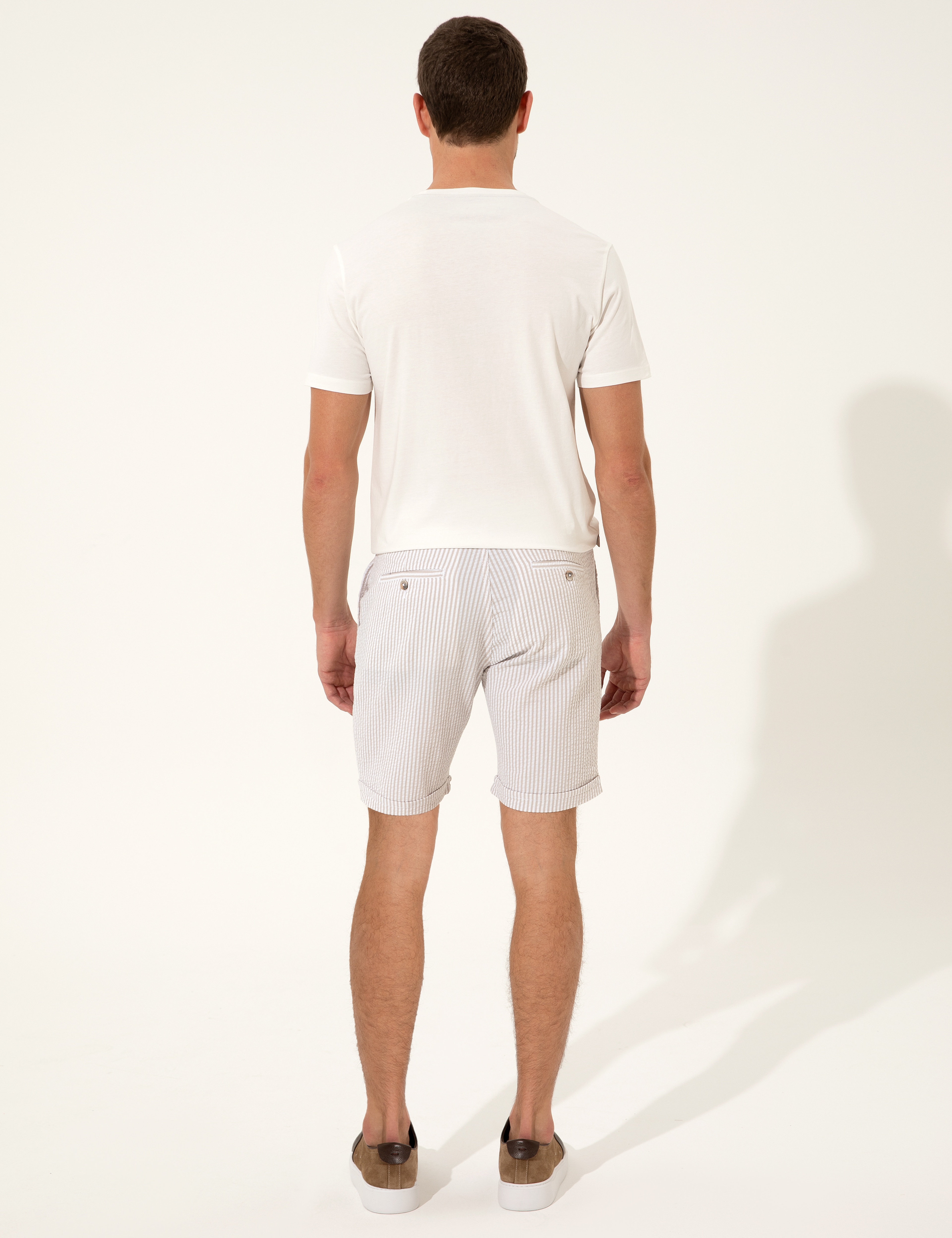 Bej Slim Fit Çizgili Bermuda Şort - Image 4