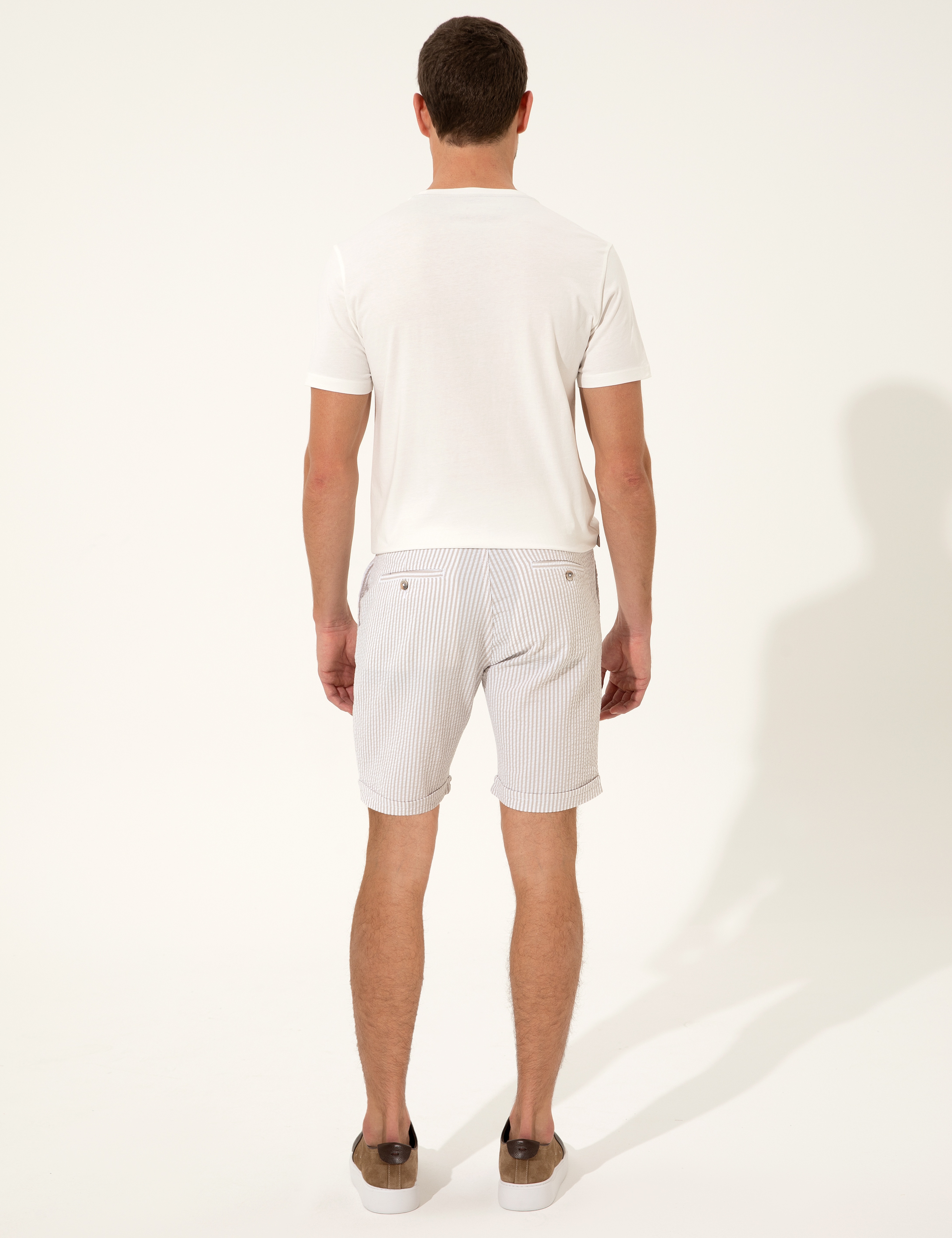 Bej Slim Fit Çizgili Bermuda Şort