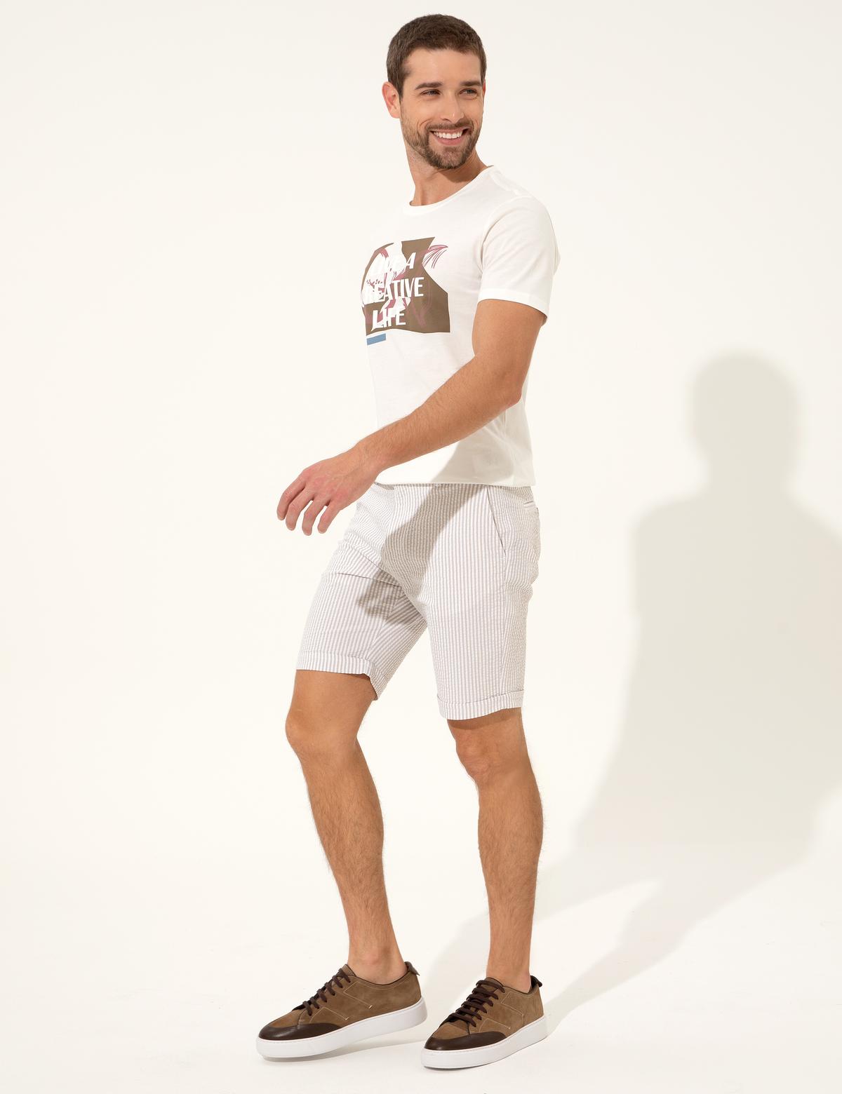 Bej Slim Fit Çizgili Bermuda Şort - 50251048003