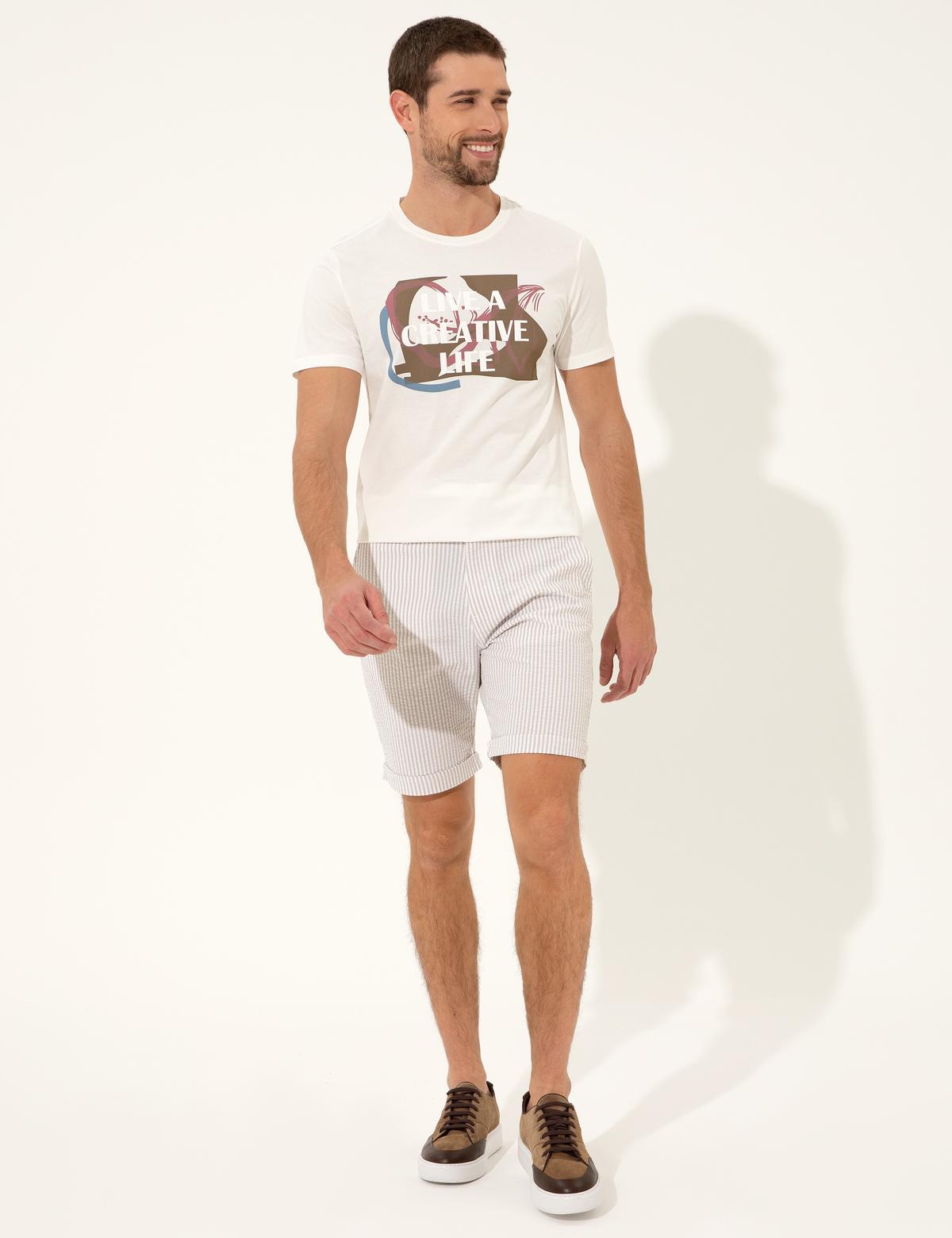 Bej Slim Fit Çizgili Bermuda Şort