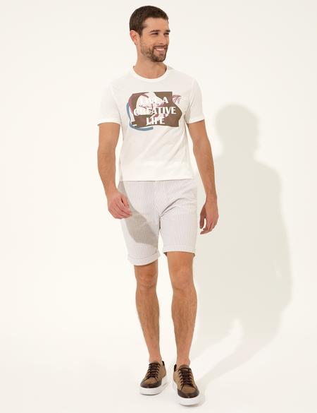 Bej Slim Fit Çizgili Bermuda Şort - 50251048003