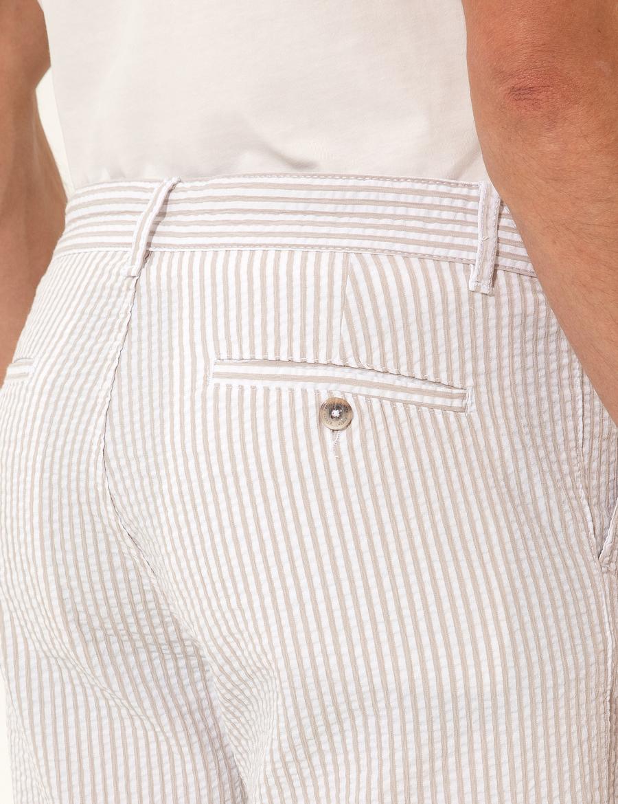 Bej Slim Fit Çizgili Bermuda Şort