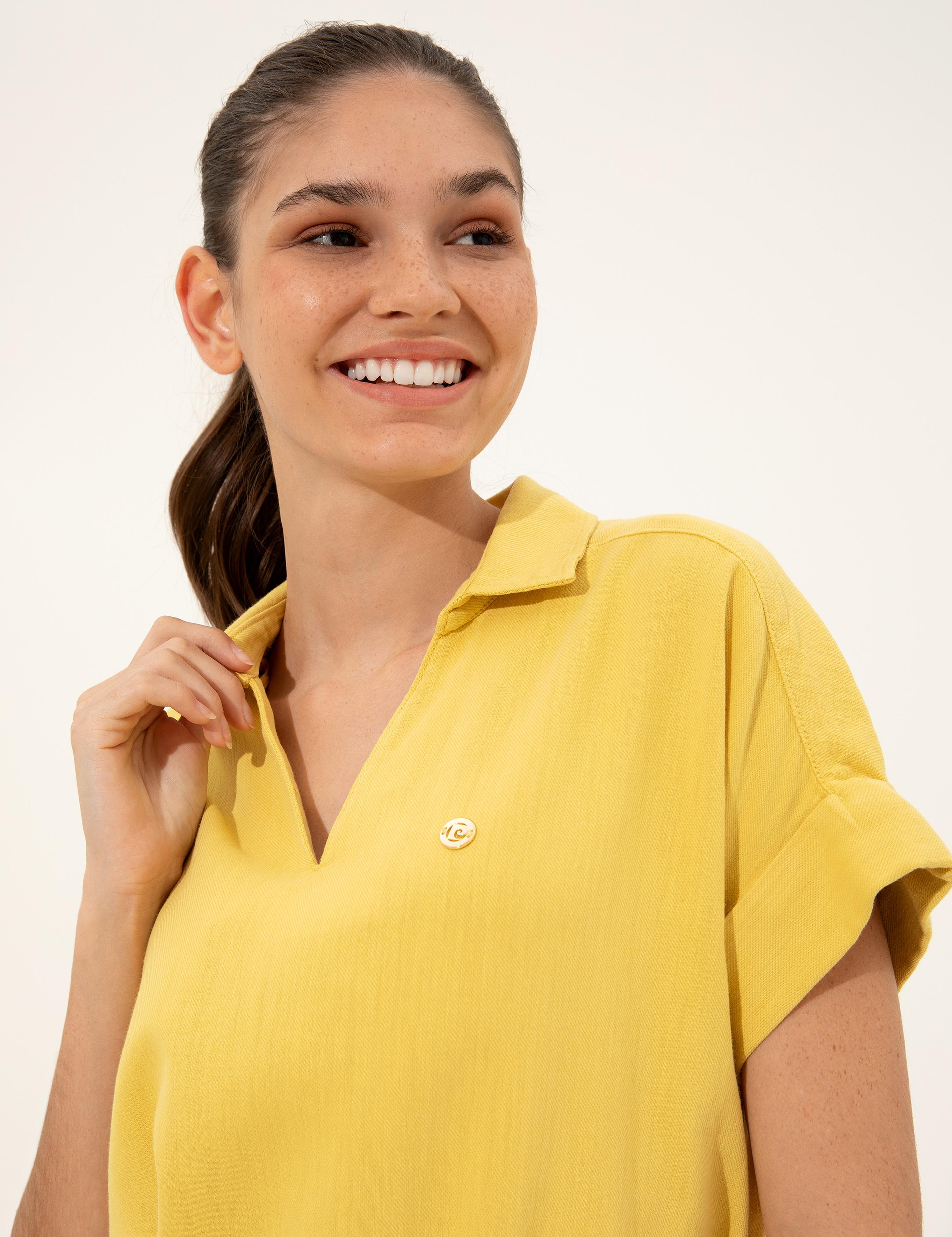 Neon Sarı Rahat Kesim Dokuma Elbise