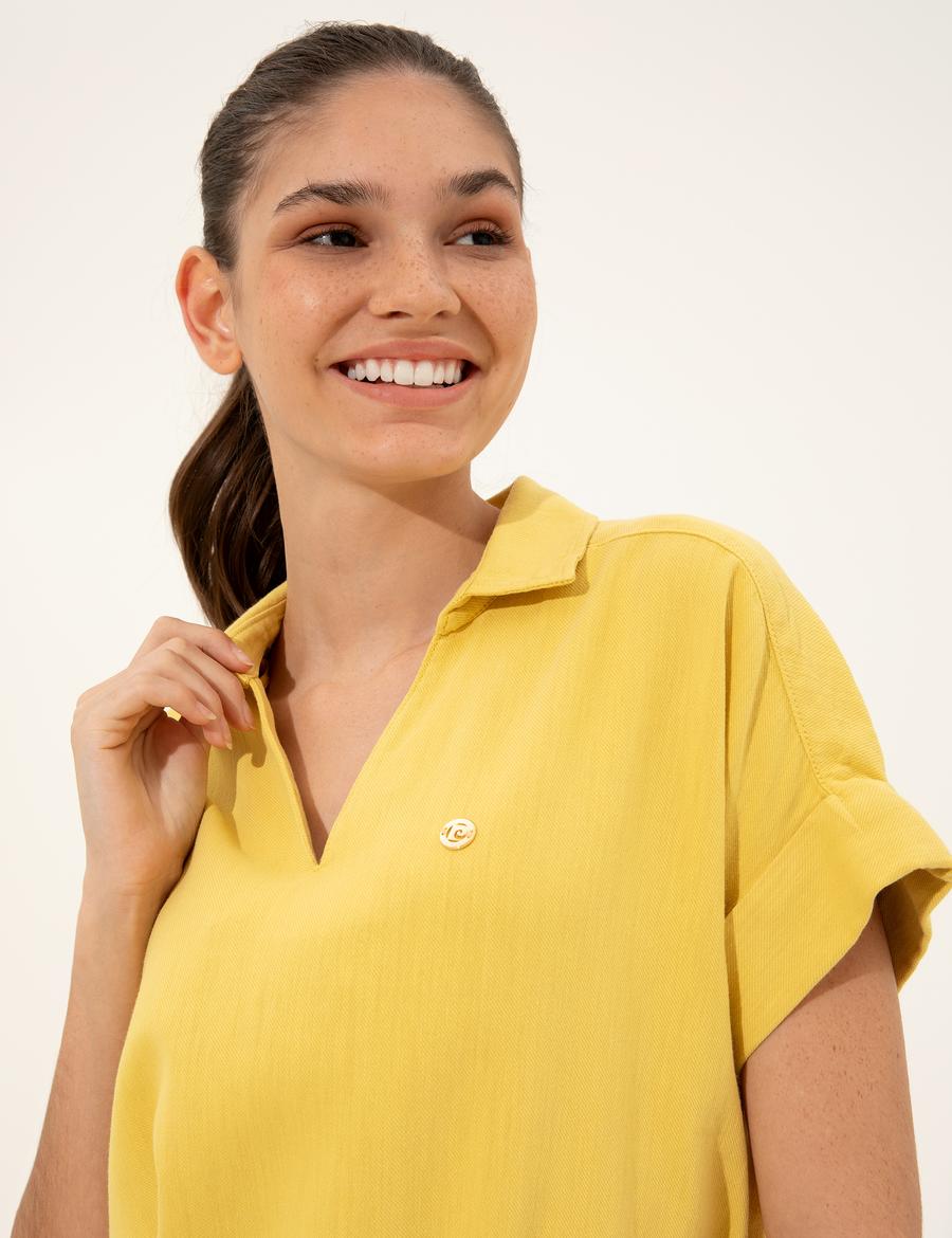 Neon Sarı Rahat Kesim Dokuma Elbise