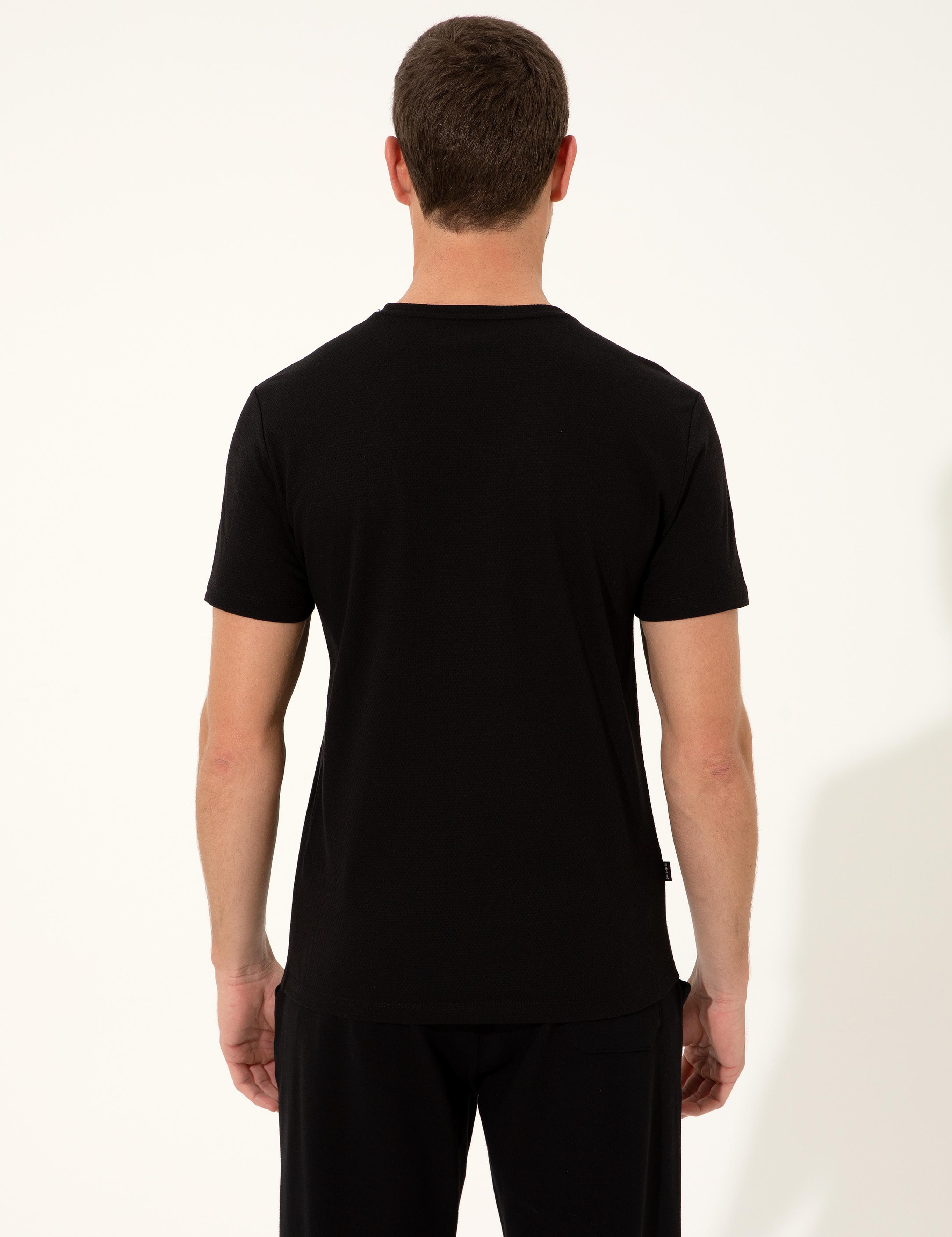 Siyah Slim Fit Baskılı Bisiklet Yaka Tişört