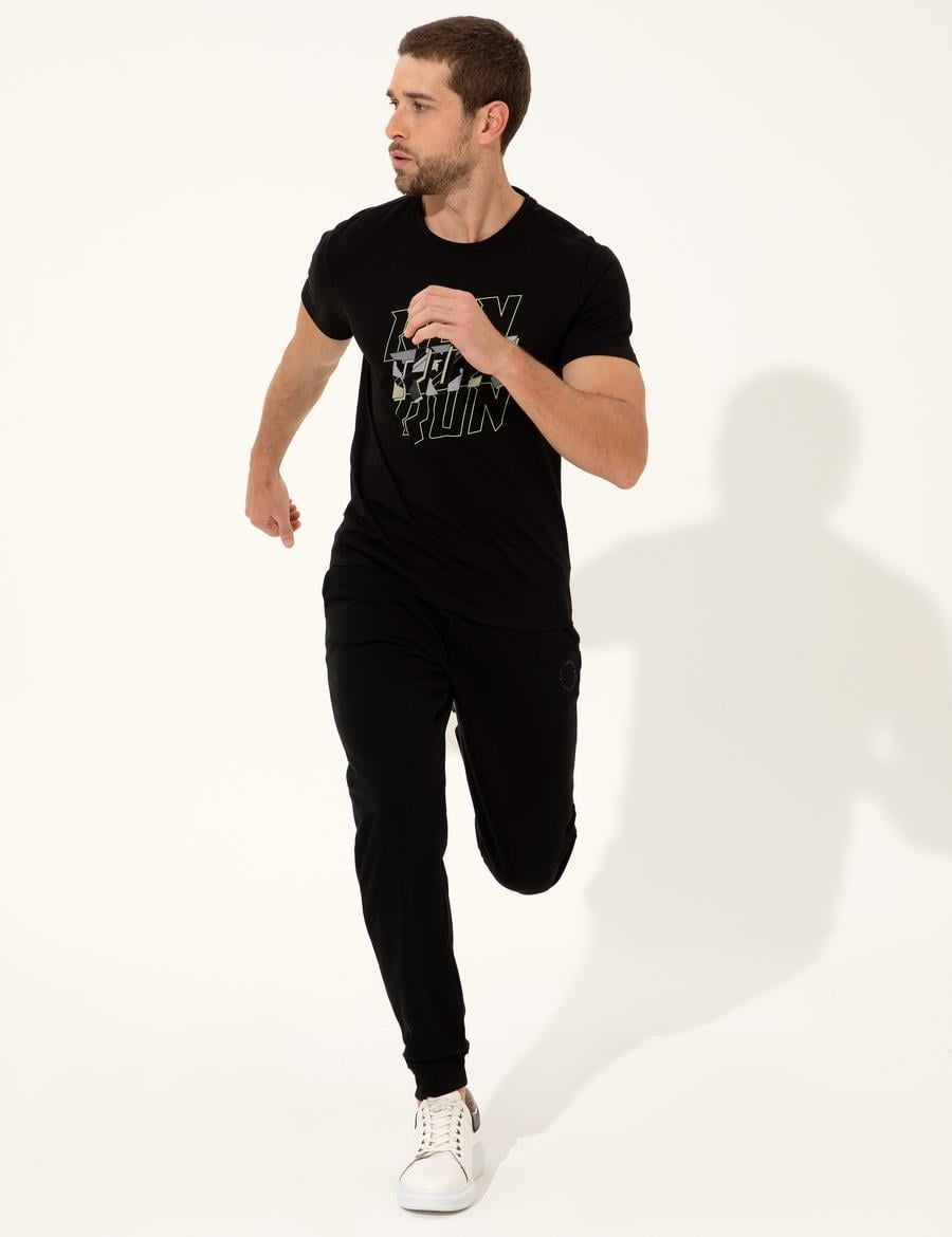 Siyah Slim Fit Baskılı Bisiklet Yaka Tişört