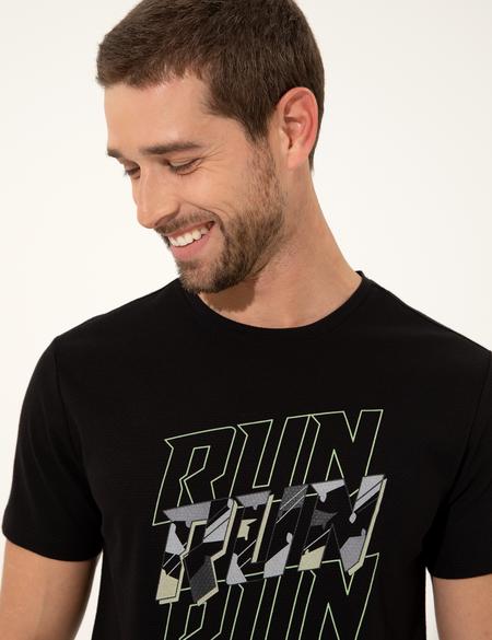 Siyah Slim Fit Baskılı Bisiklet Yaka Tişört - 50249815014