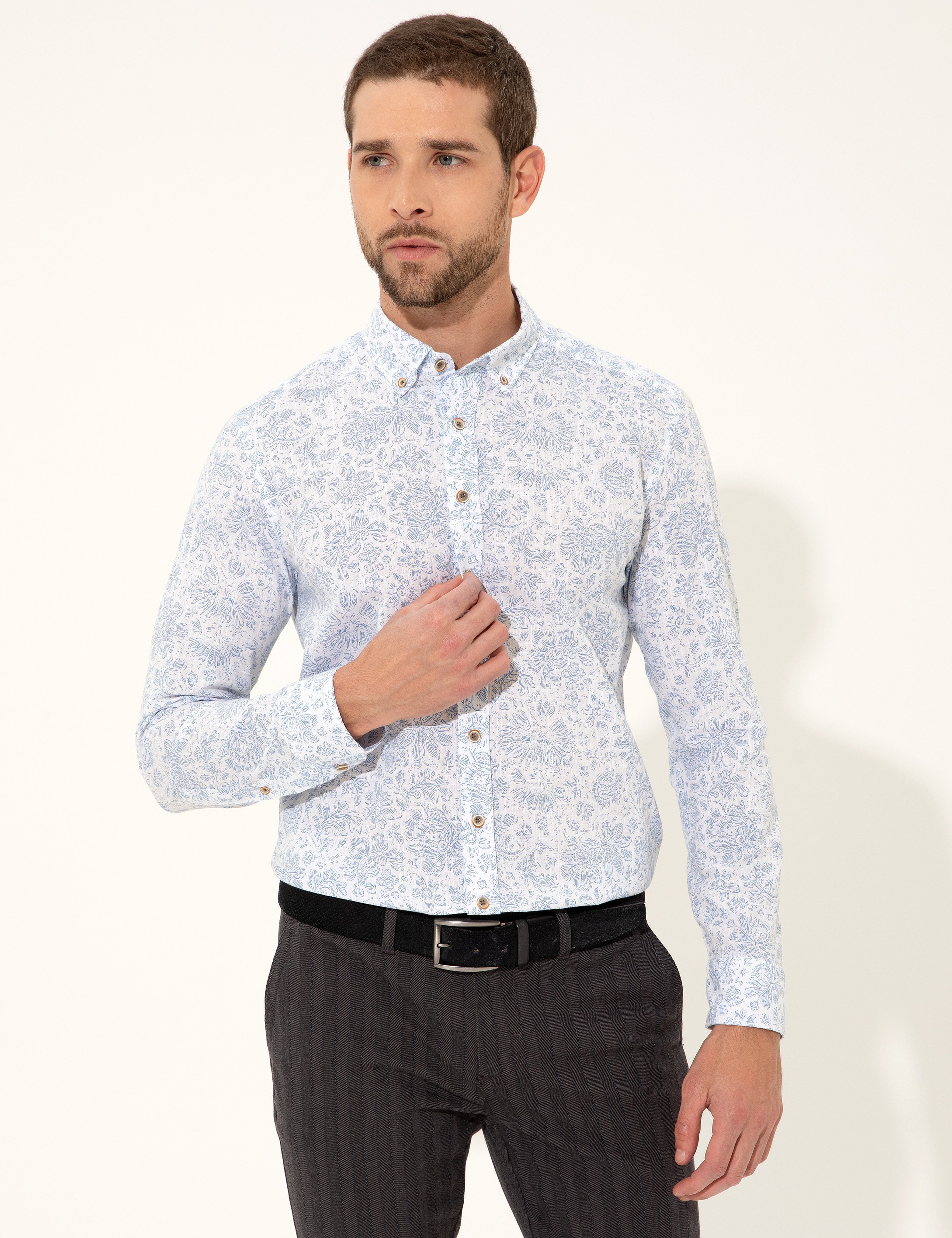 Mavi Slim Fit Uzun Kollu Gömlek - Image 1