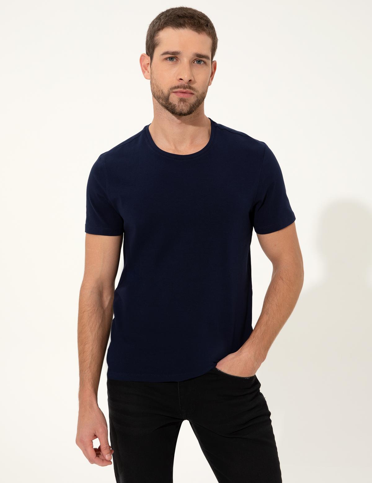 Lacivert Slim Fit Bisiklet Yaka Basic Tişört - 50251739024