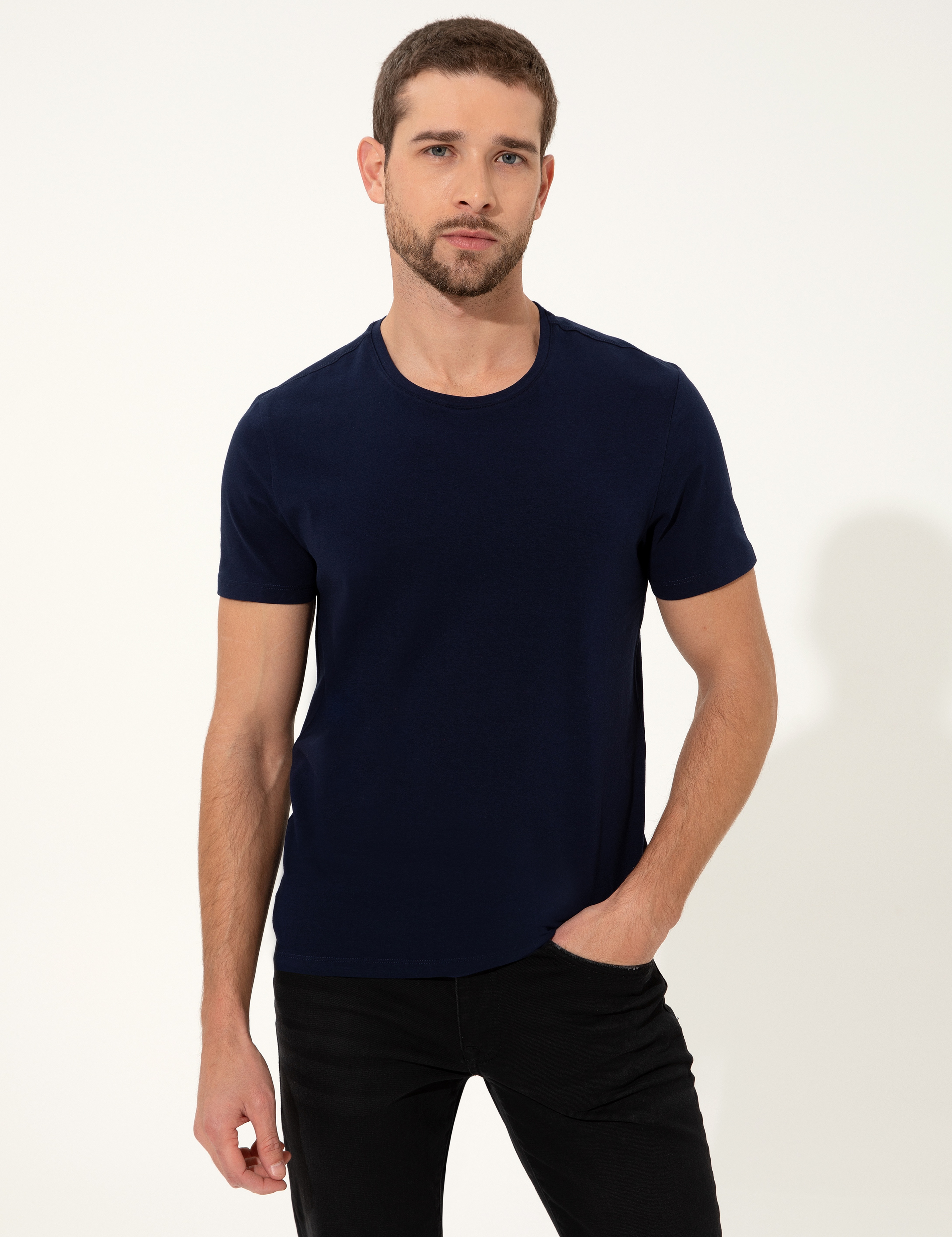 Lacivert Slim Fit Bisiklet Yaka Basic Tişört - Image 3