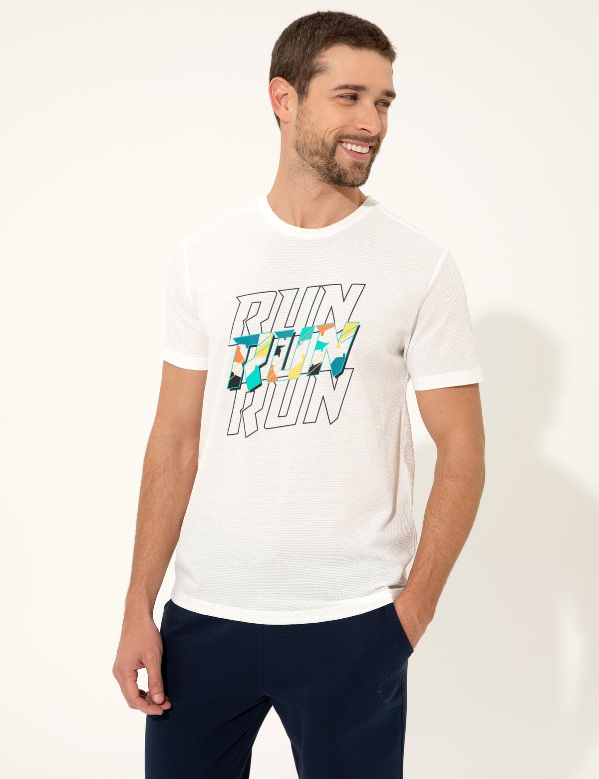 Ekru Slim Fit Baskılı Bisiklet Yaka Tişört - 50249815008