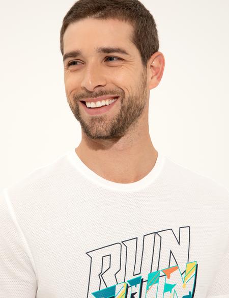 Ekru Slim Fit Baskılı Bisiklet Yaka Tişört - 50249815008