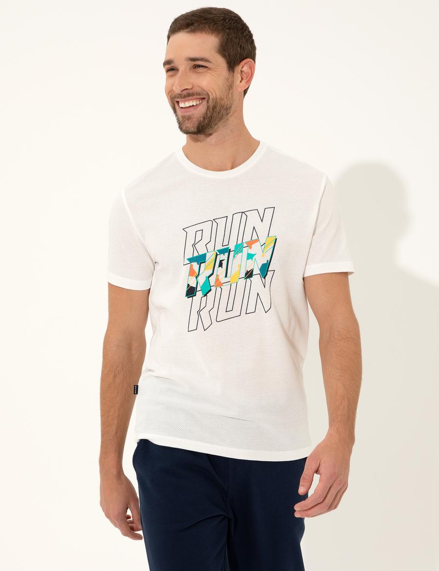 Ekru Slim Fit Baskılı Bisiklet Yaka Tişört