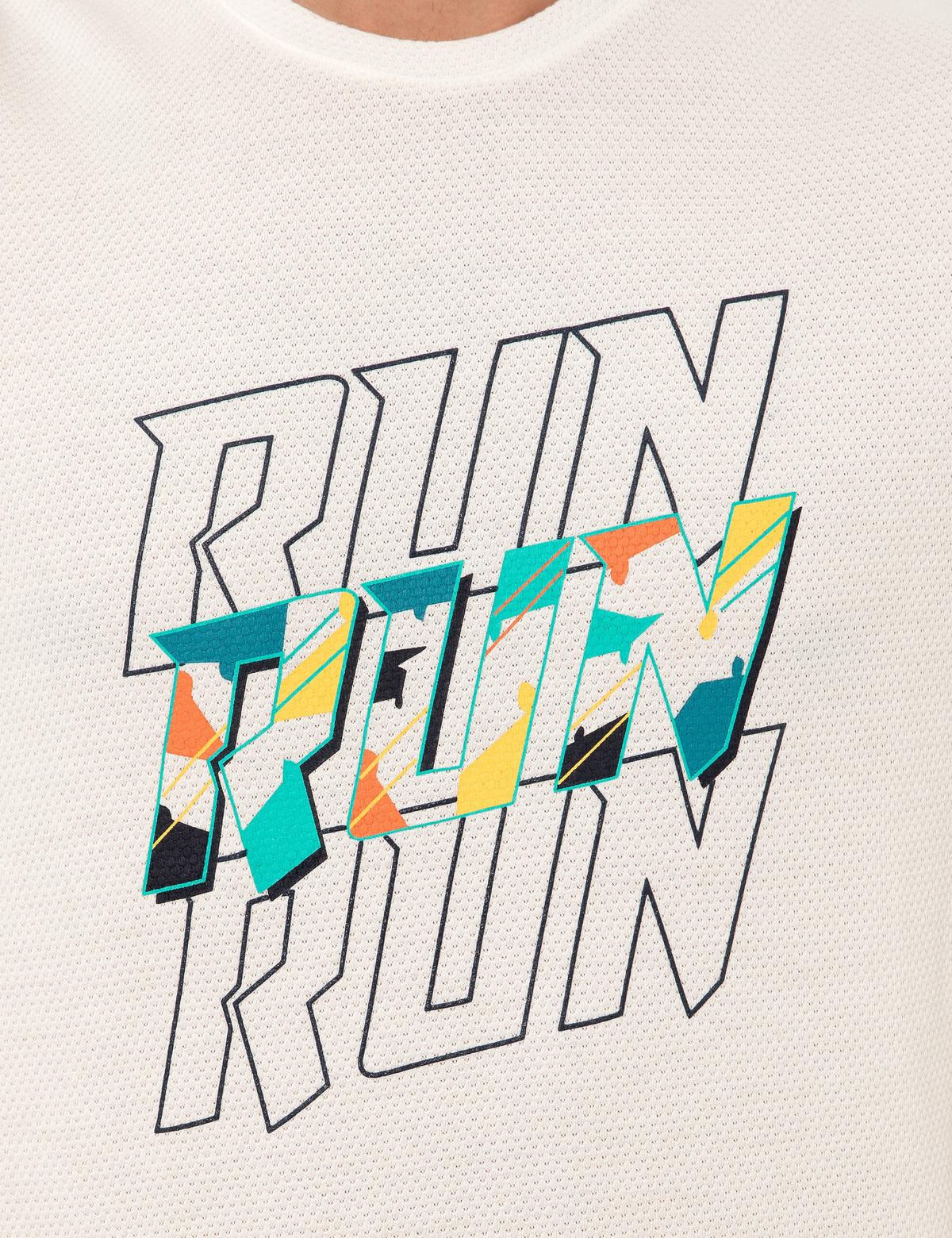 Ekru Slim Fit Baskılı Bisiklet Yaka Tişört - 50249815008