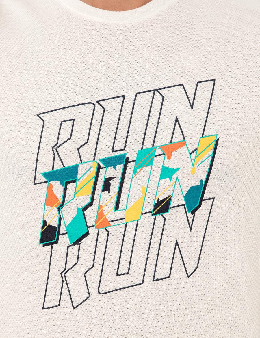 Ekru Slim Fit Baskılı Bisiklet Yaka Tişört