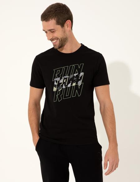 Siyah Slim Fit Baskılı Bisiklet Yaka Tişört - 50249815014