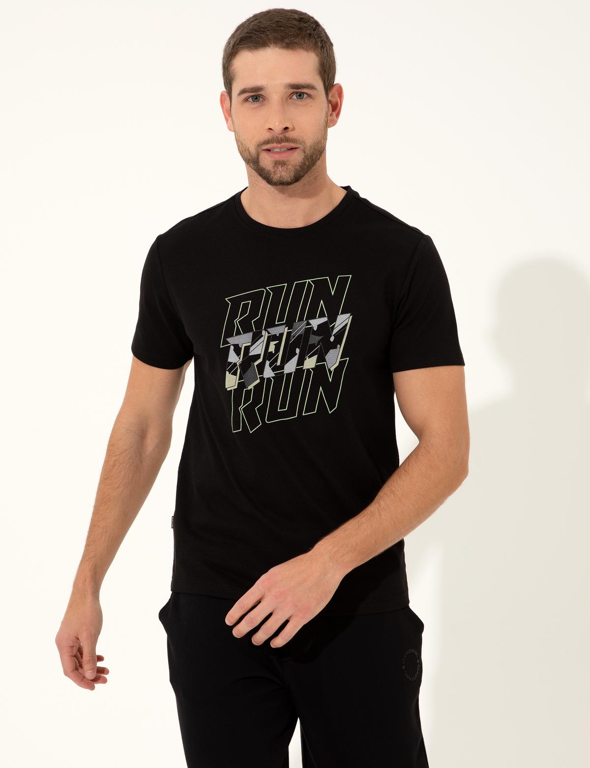 Siyah Slim Fit Baskılı Bisiklet Yaka Tişört - 50249815014