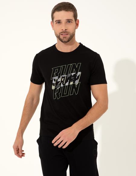 Siyah Slim Fit Baskılı Bisiklet Yaka Tişört - 50249815014