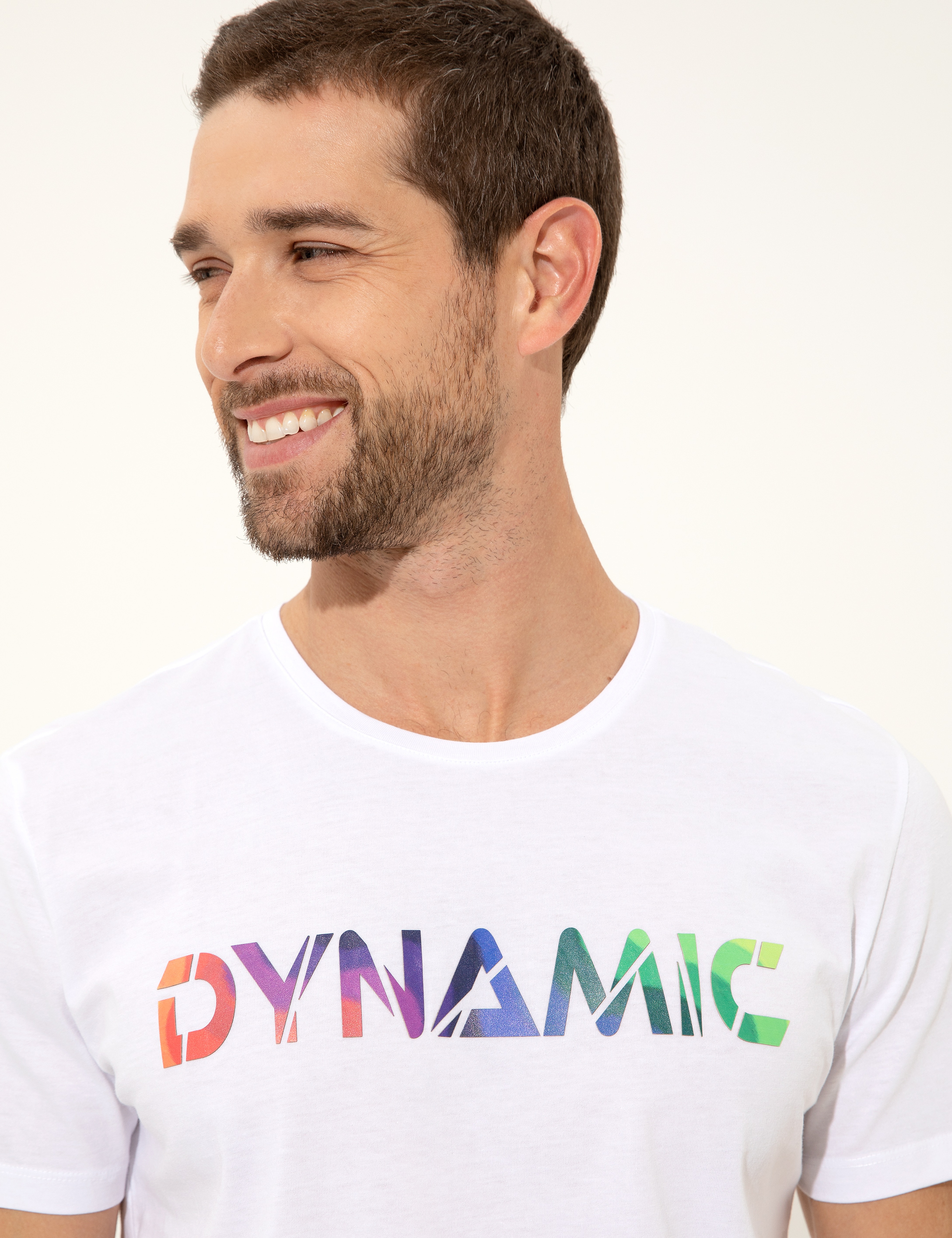 Beyaz Slim Fit Baskılı Bisiklet Yaka Tişört