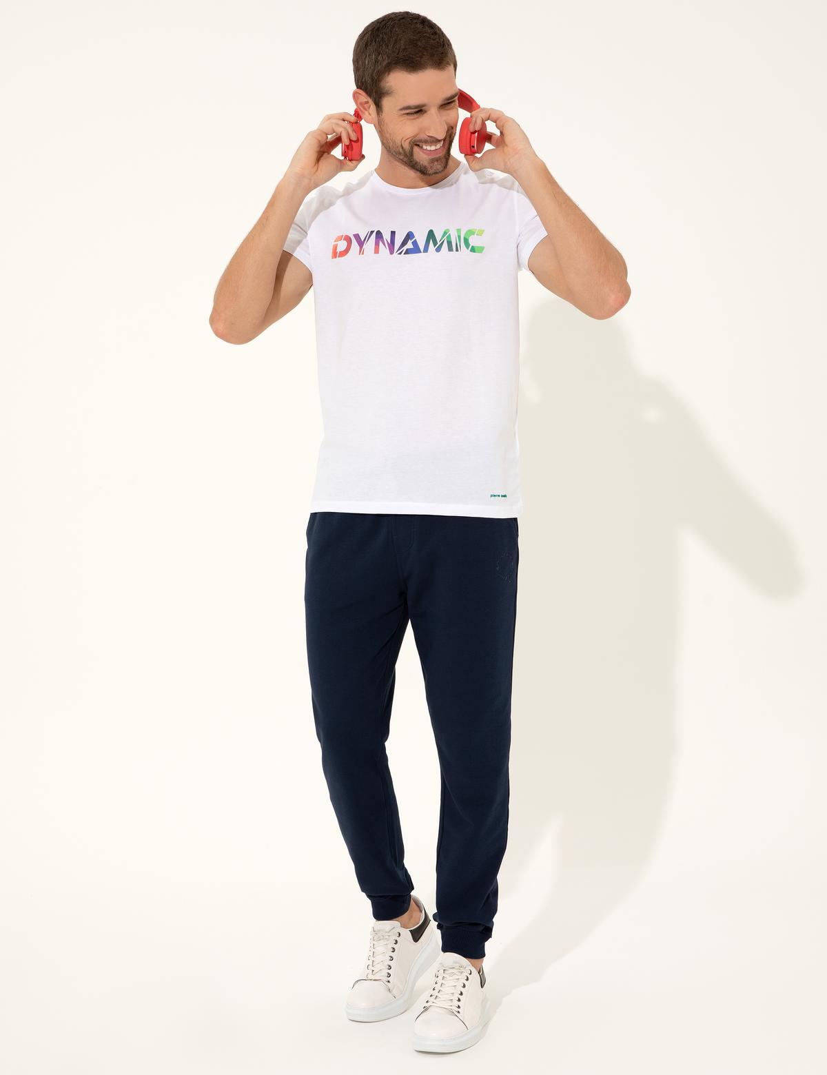 Beyaz Slim Fit Baskılı Bisiklet Yaka Tişört - 50249695008