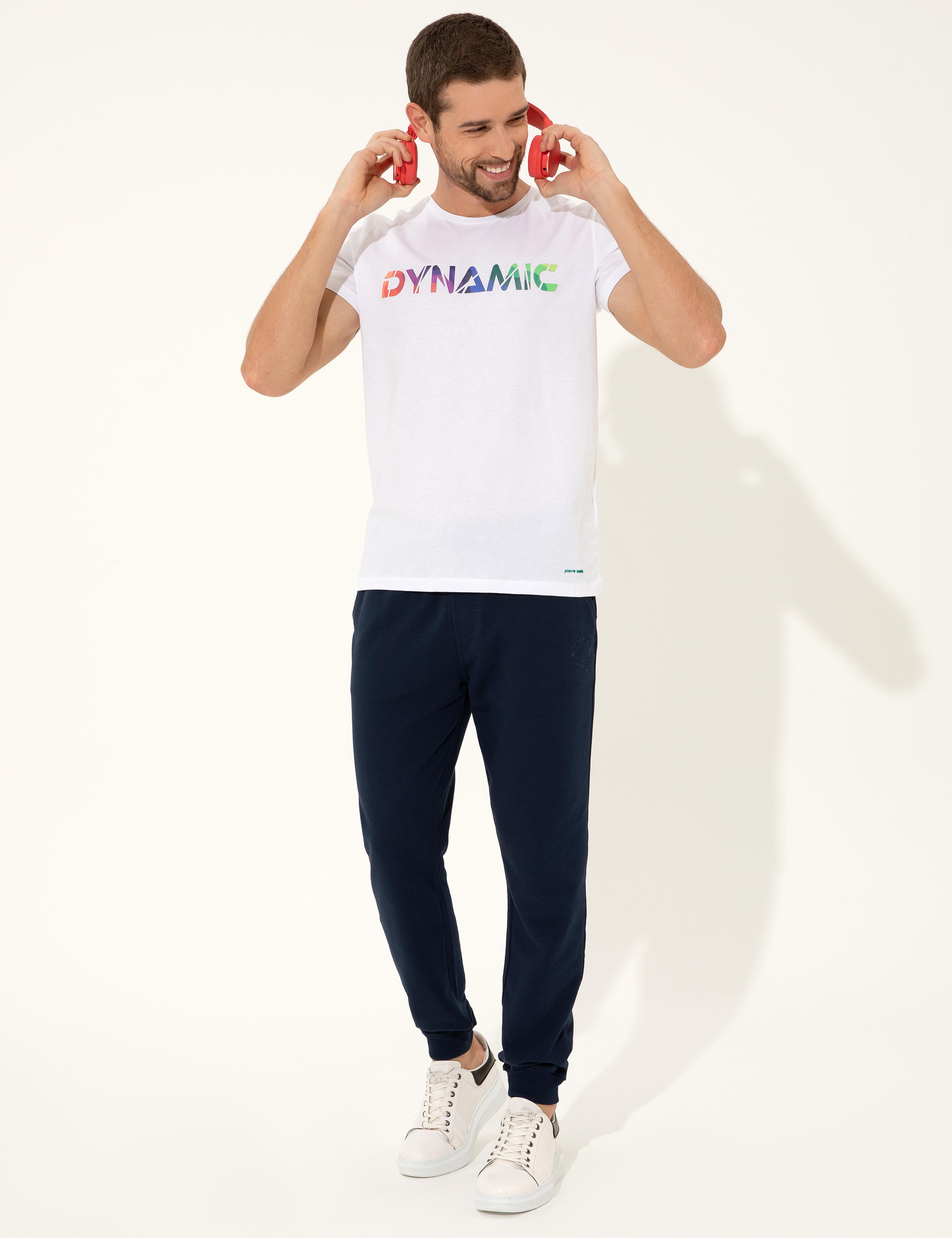 Beyaz Slim Fit Baskılı Bisiklet Yaka Tişört