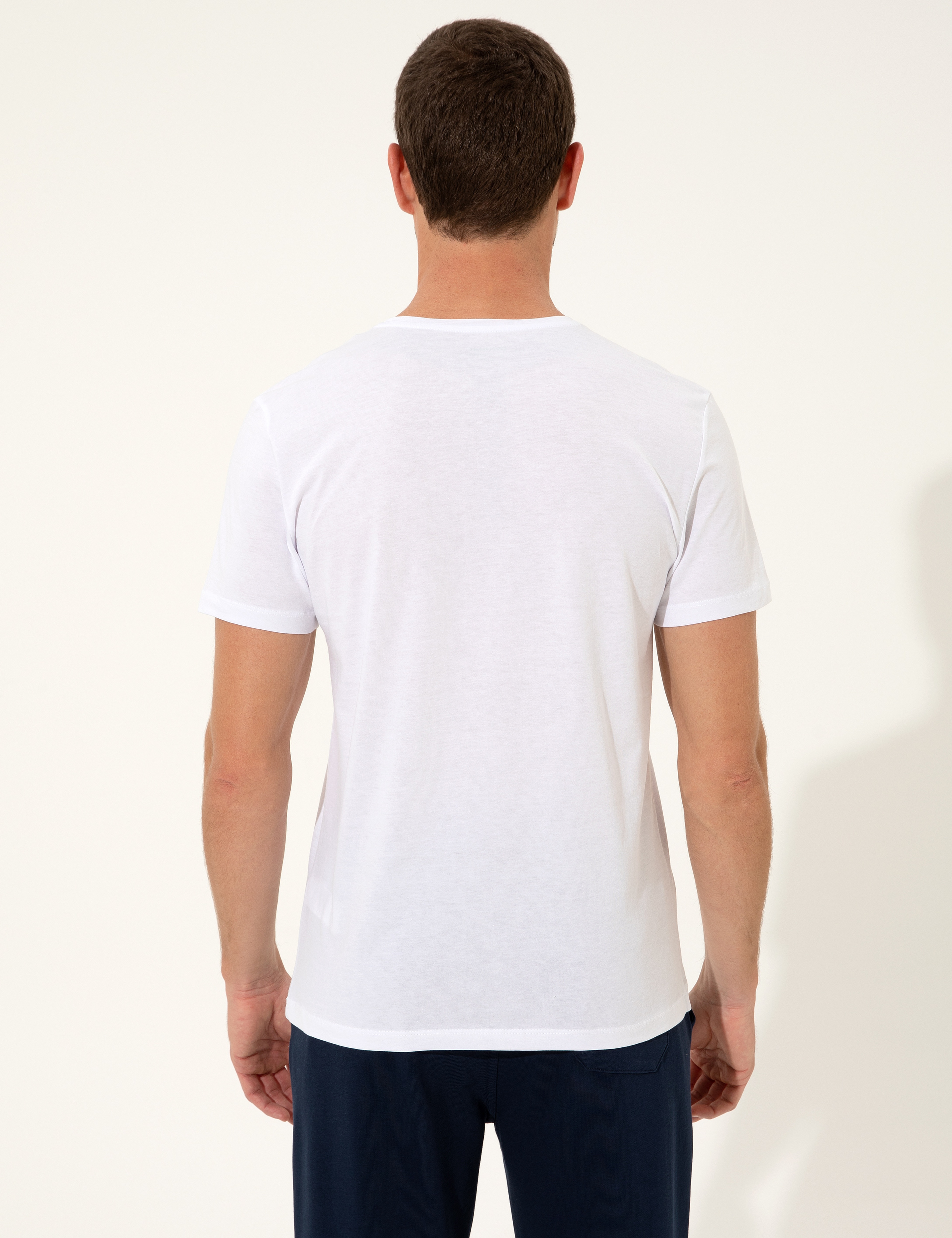 Beyaz Slim Fit Baskılı Bisiklet Yaka Tişört - Image 5