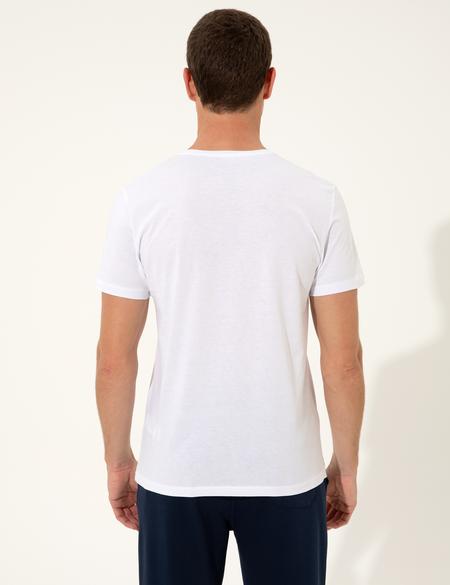 Beyaz Slim Fit Baskılı Bisiklet Yaka Tişört - 50249695008