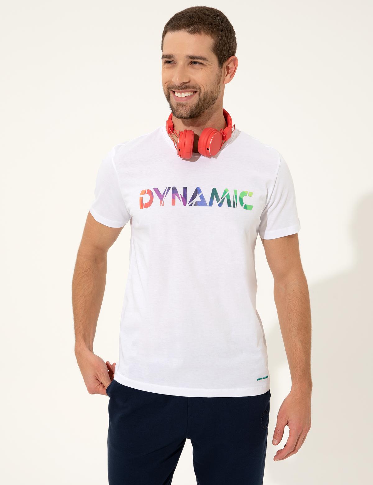 Beyaz Slim Fit Baskılı Bisiklet Yaka Tişört