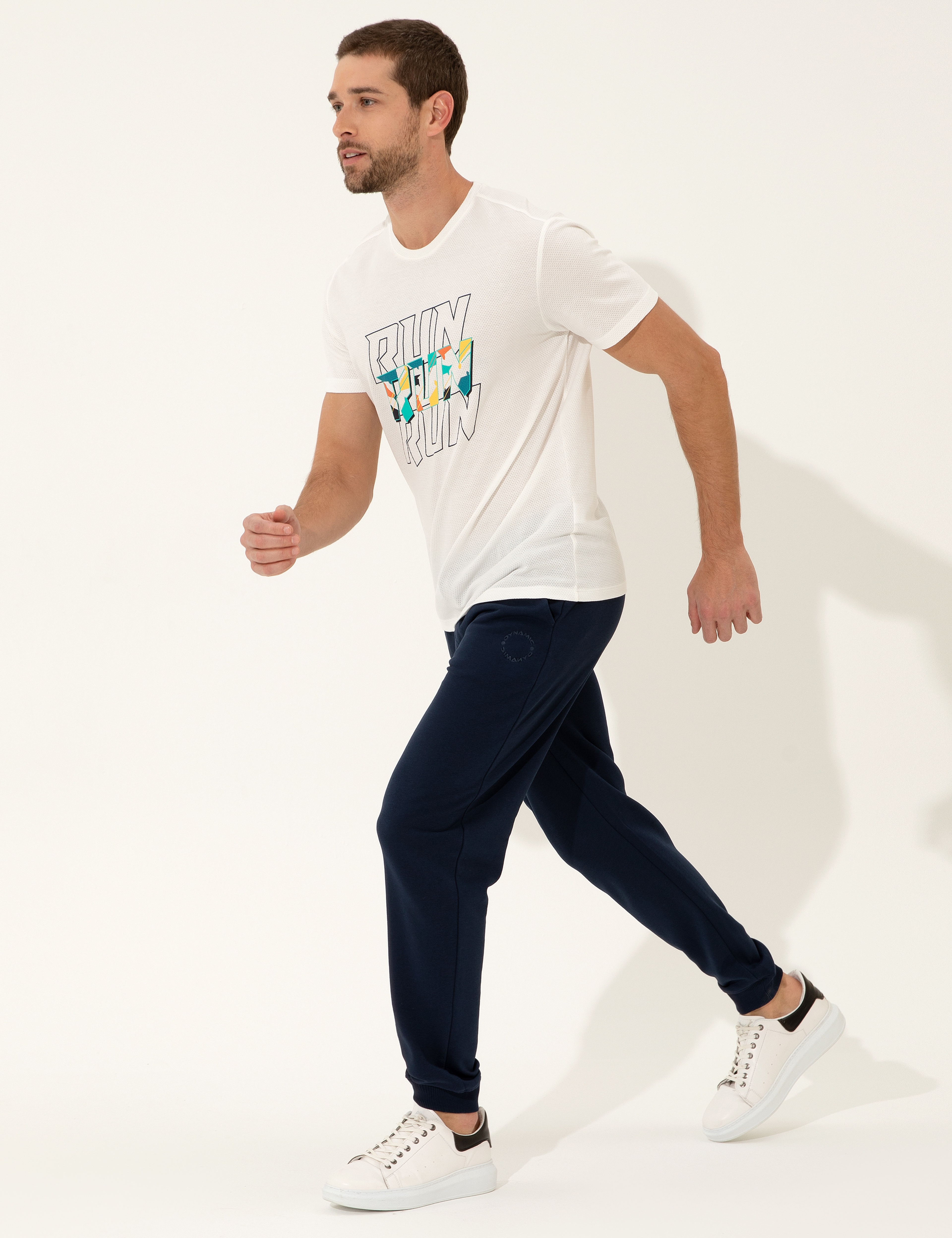 Ekru Slim Fit Baskılı Bisiklet Yaka Tişört - Image 3